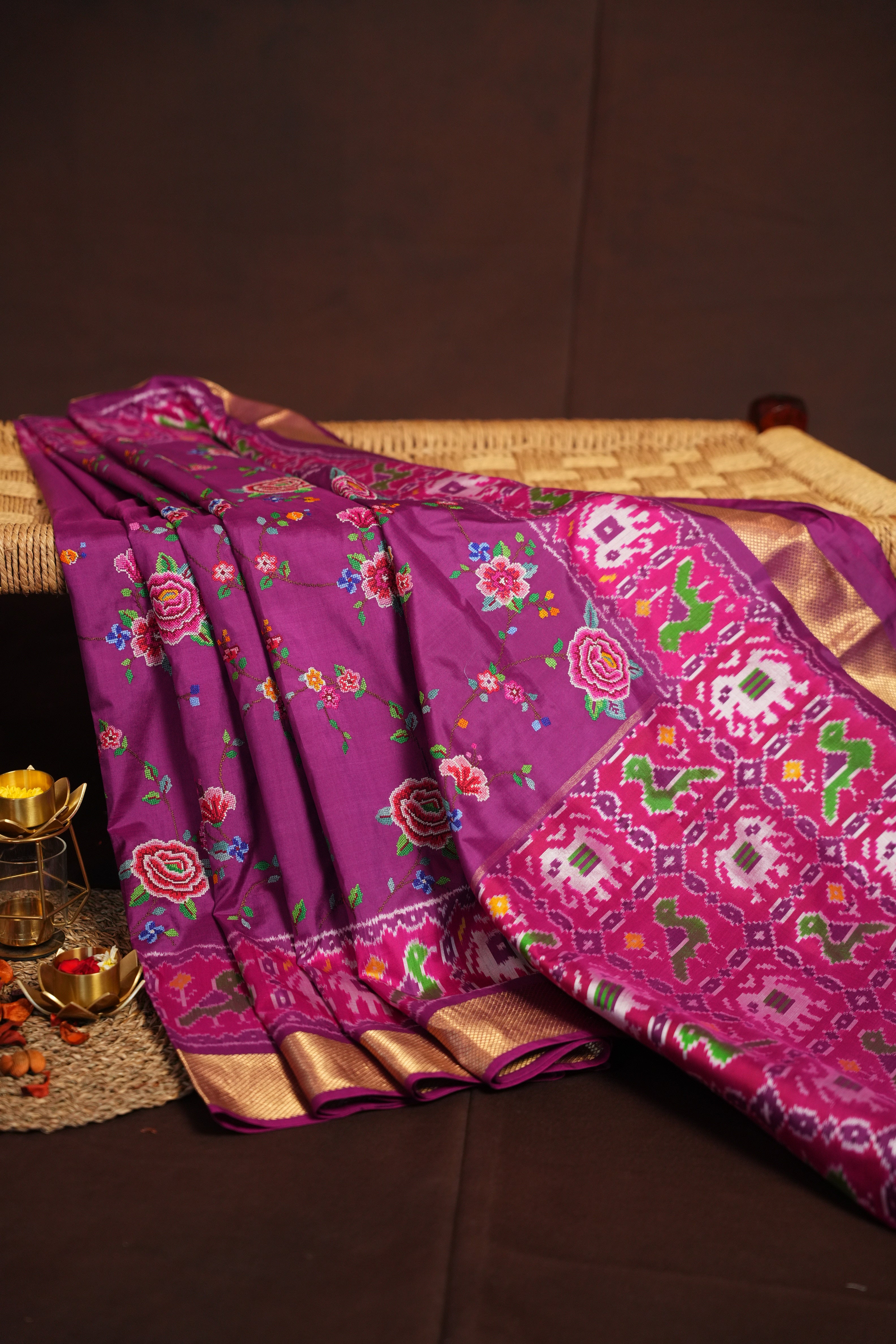 IKKAT Work Designer Saree with Elephant & Floral Weaving | Ande Silks