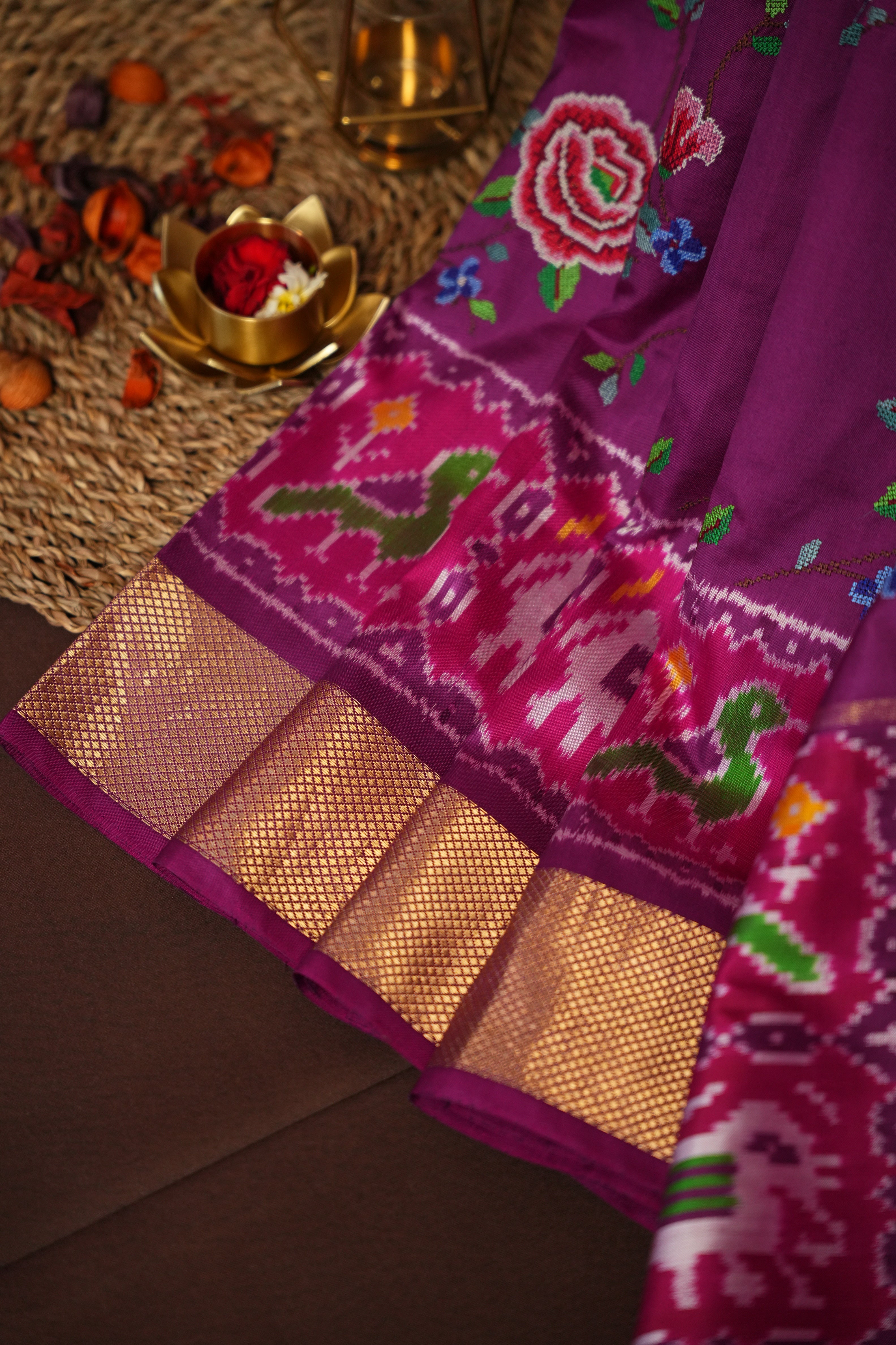 IKKAT Work Designer Saree with Elephant & Floral Weaving | Ande Silks