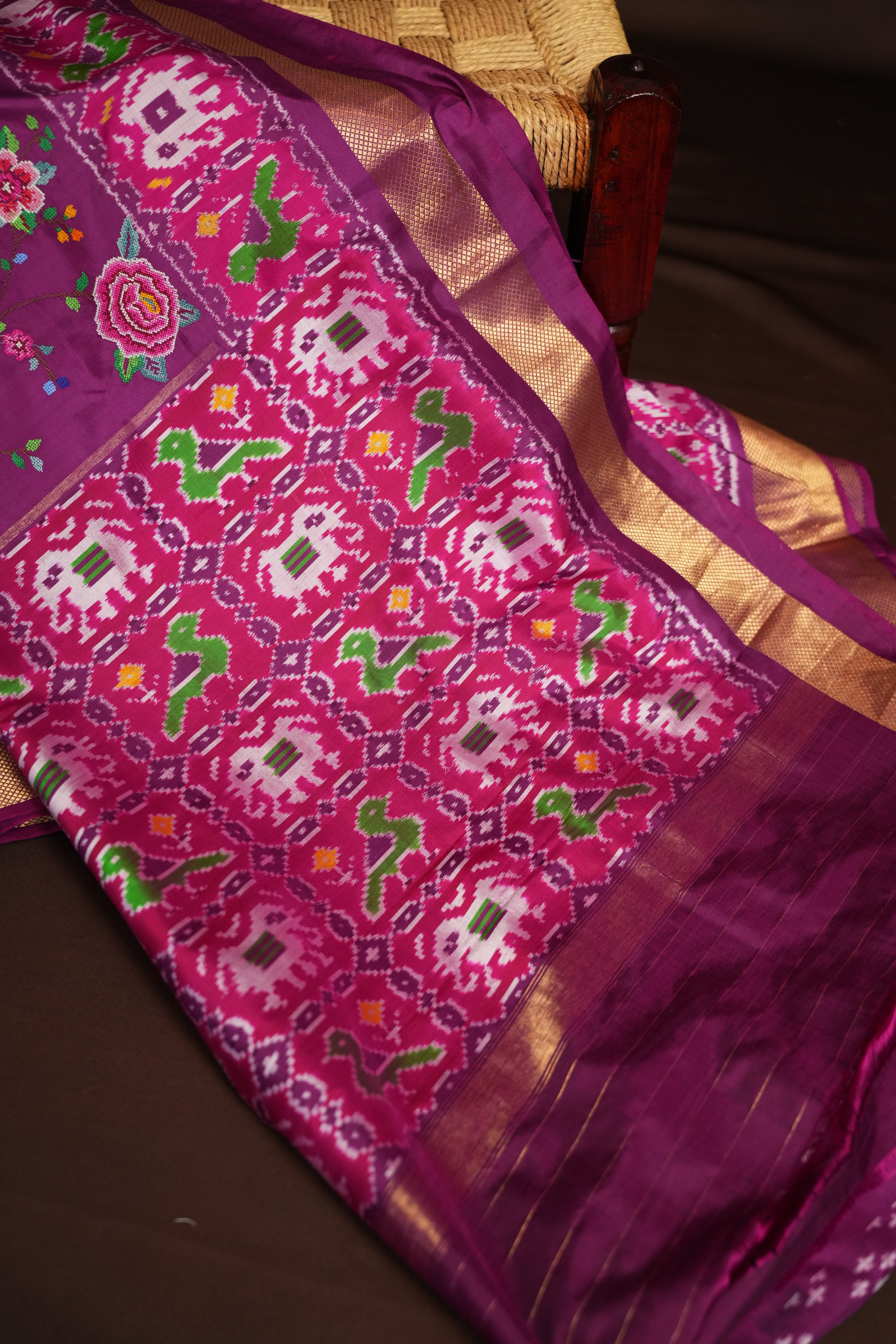 IKKAT Work Designer Saree with Elephant & Floral Weaving | Ande Silks