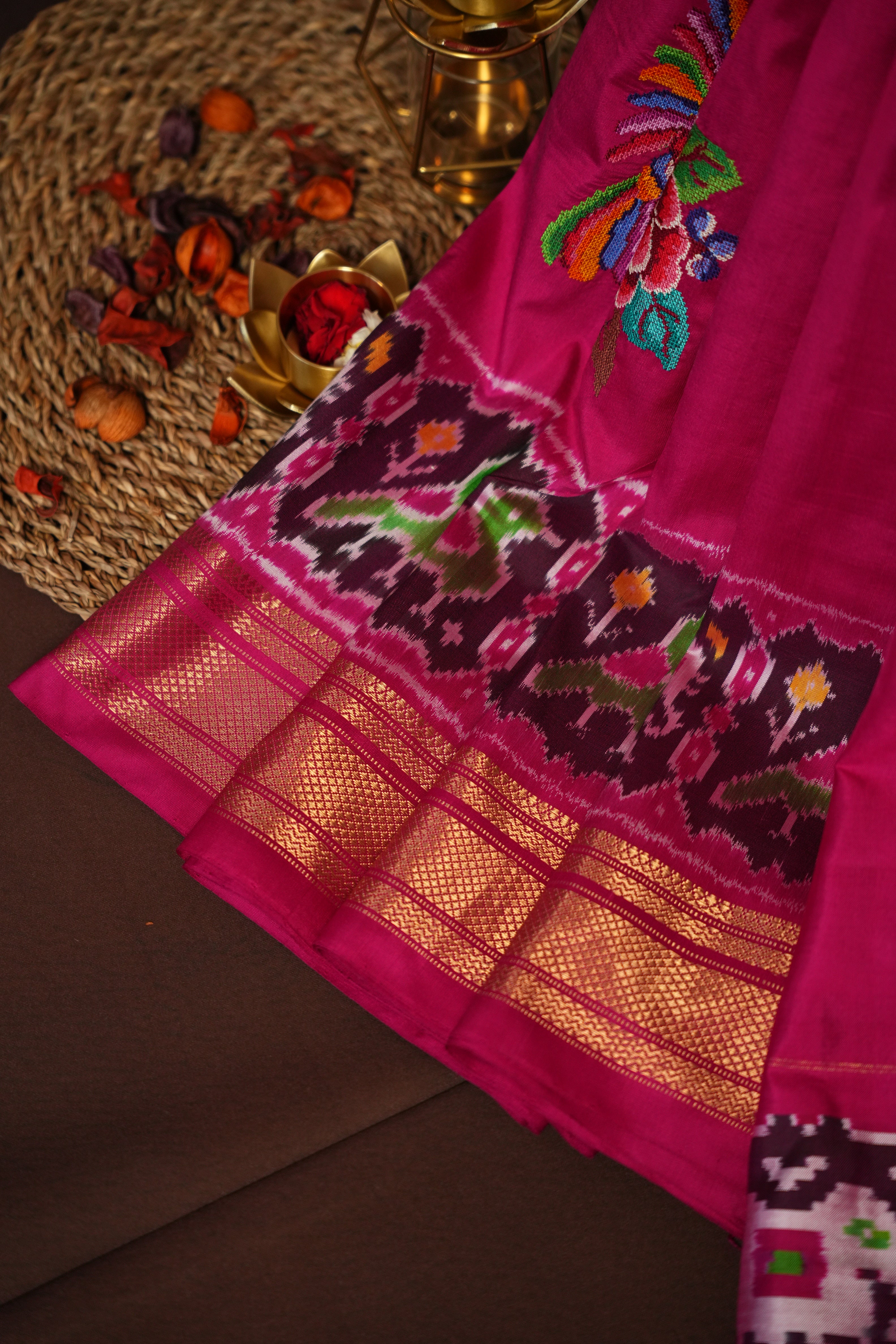 IKKAT Work Designer Saree with Elephant & Floral Motifs | Ande Silks