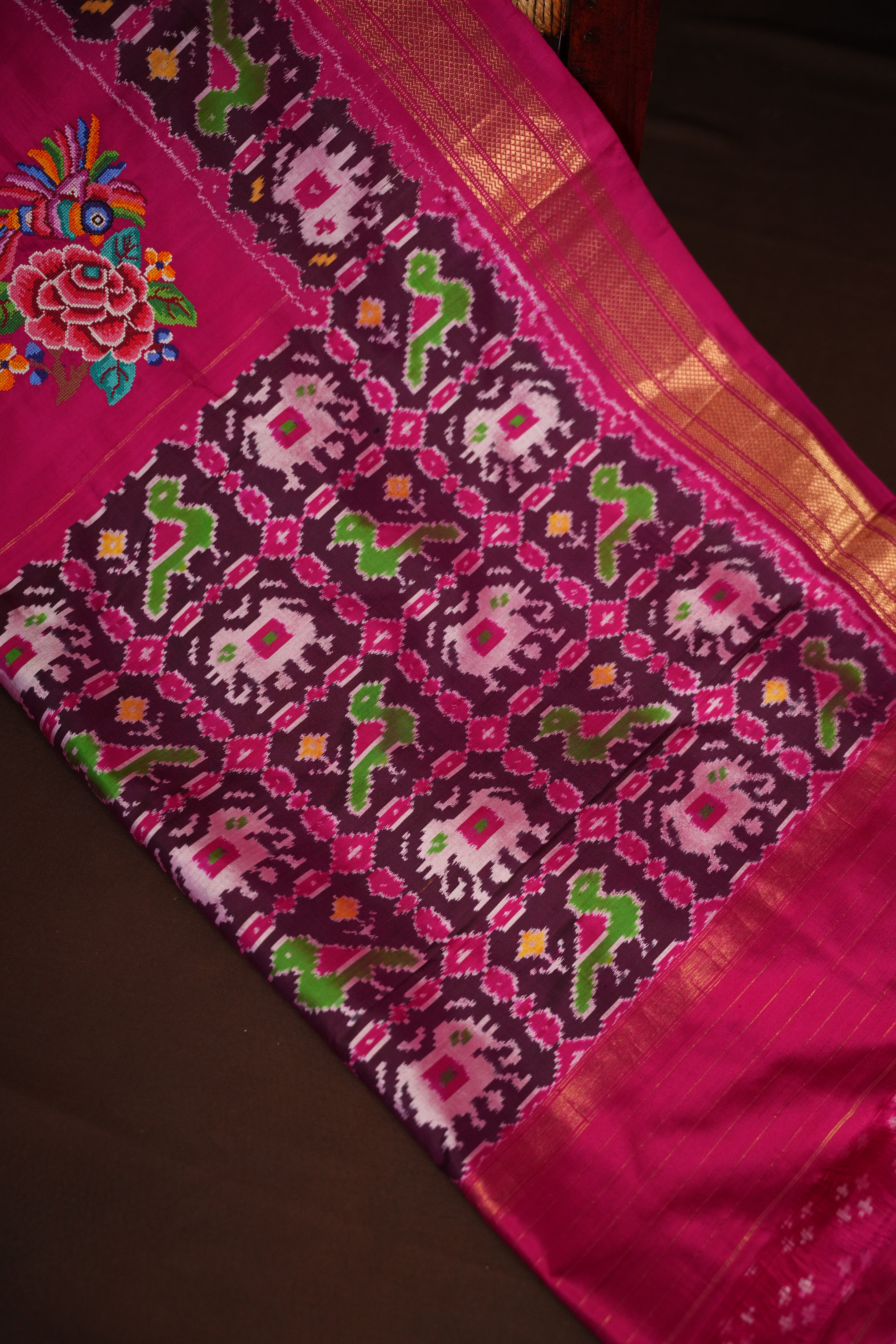 IKKAT Work Designer Saree with Elephant & Floral Motifs | Ande Silks