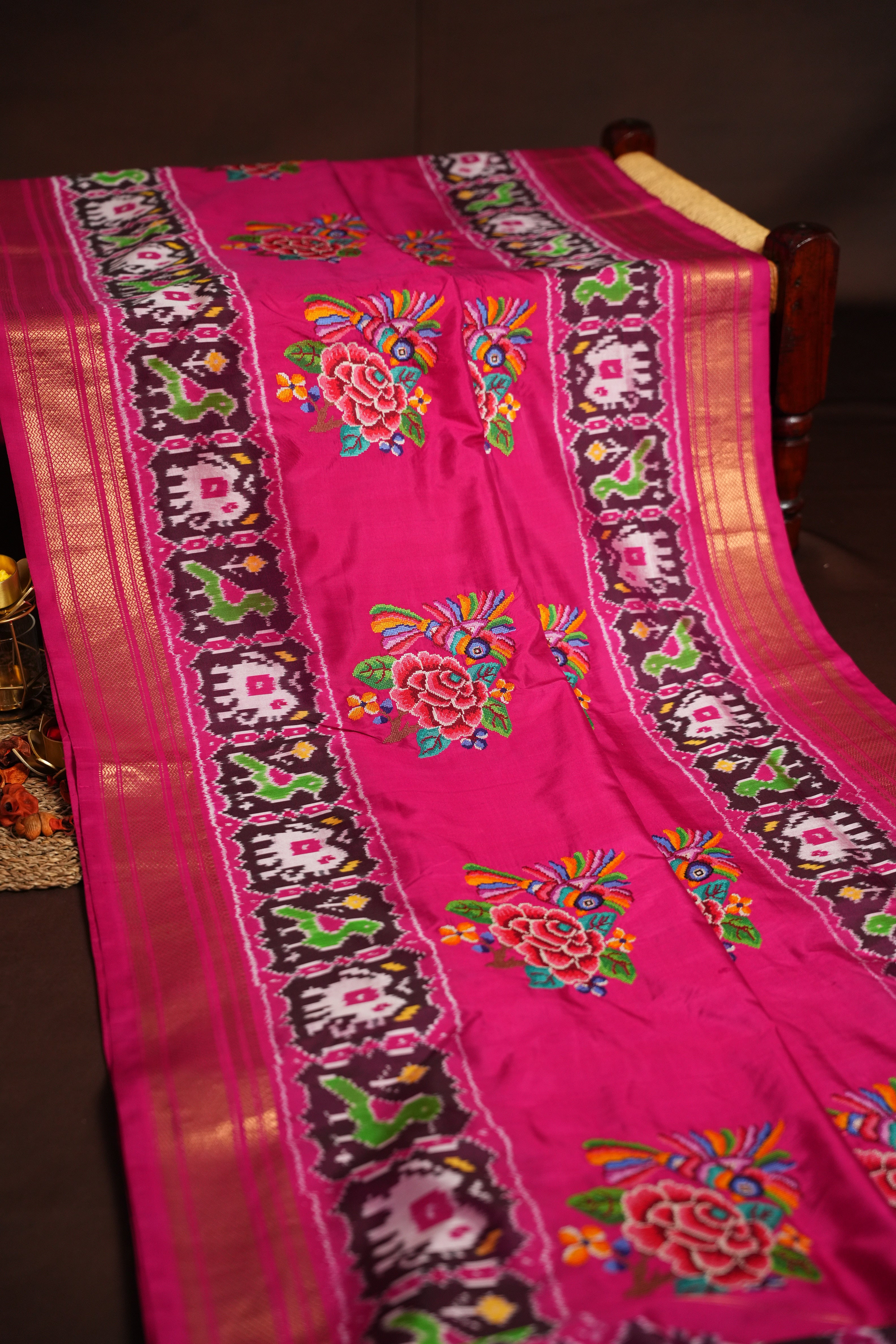 IKKAT Work Designer Saree with Elephant & Floral Motifs | Ande Silks