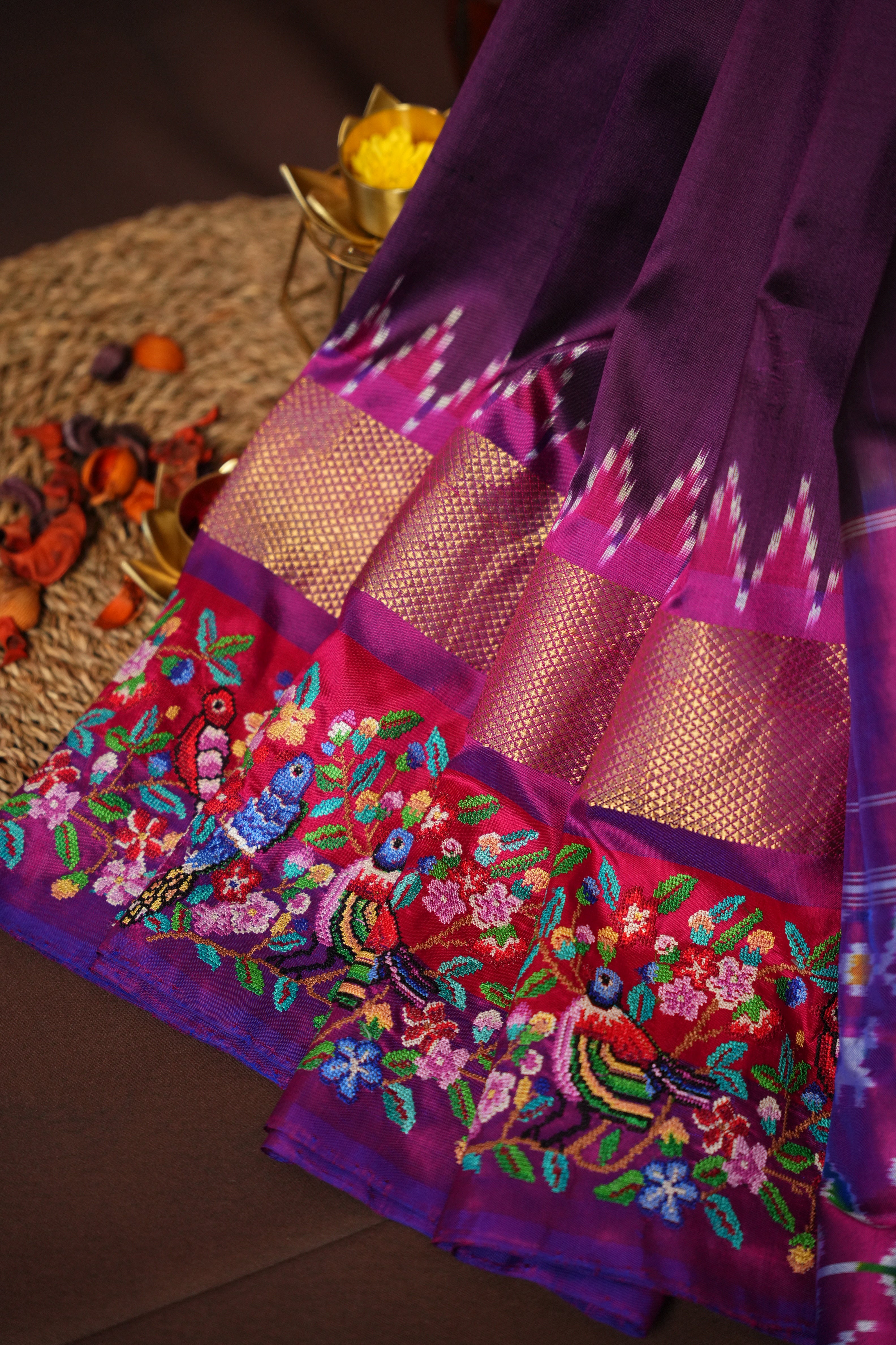 IKKAT Work Designer Saree with Floral & Bird Motifs | Ande Silks
