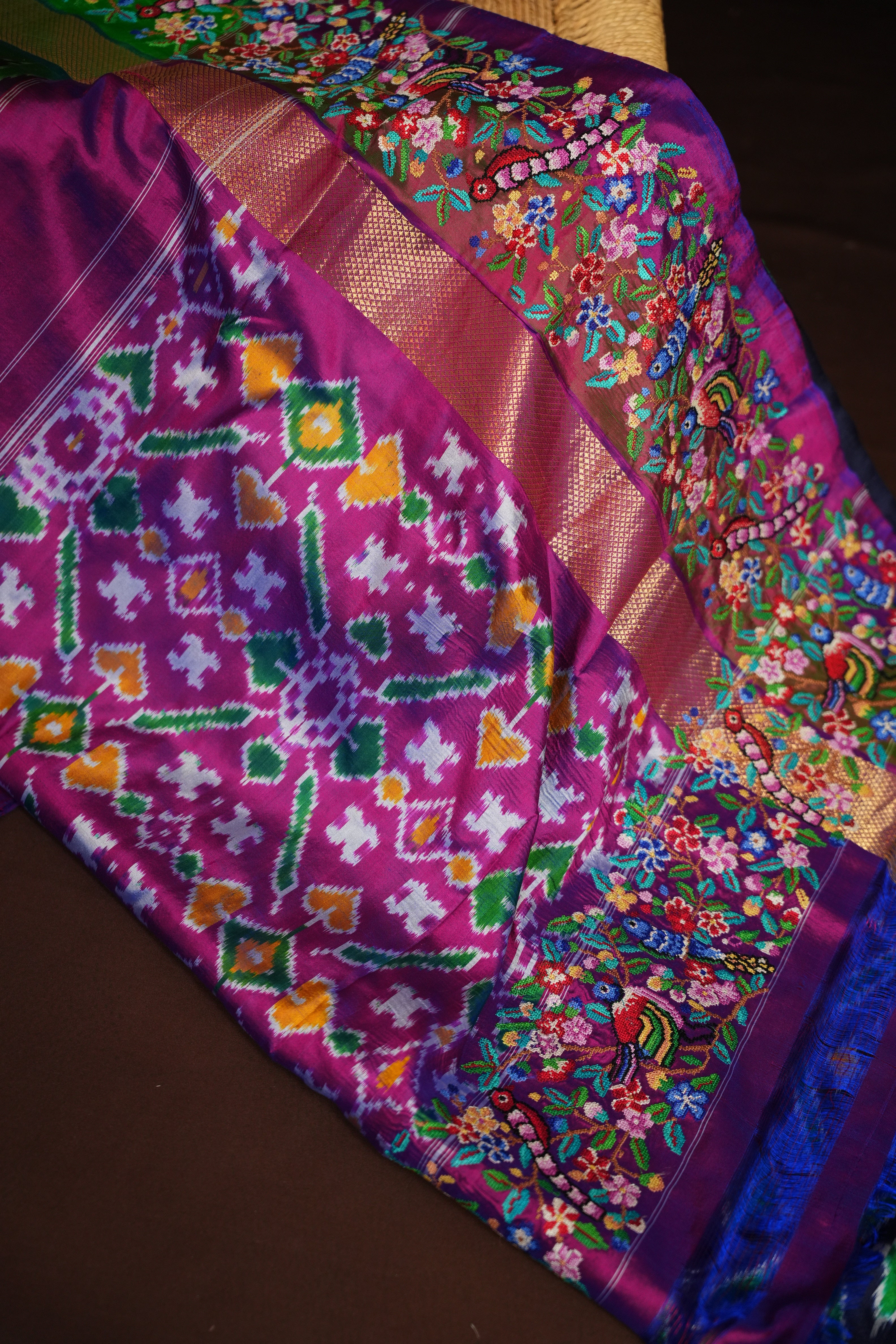 IKKAT Work Designer Saree with Floral & Bird Motifs | Ande Silks