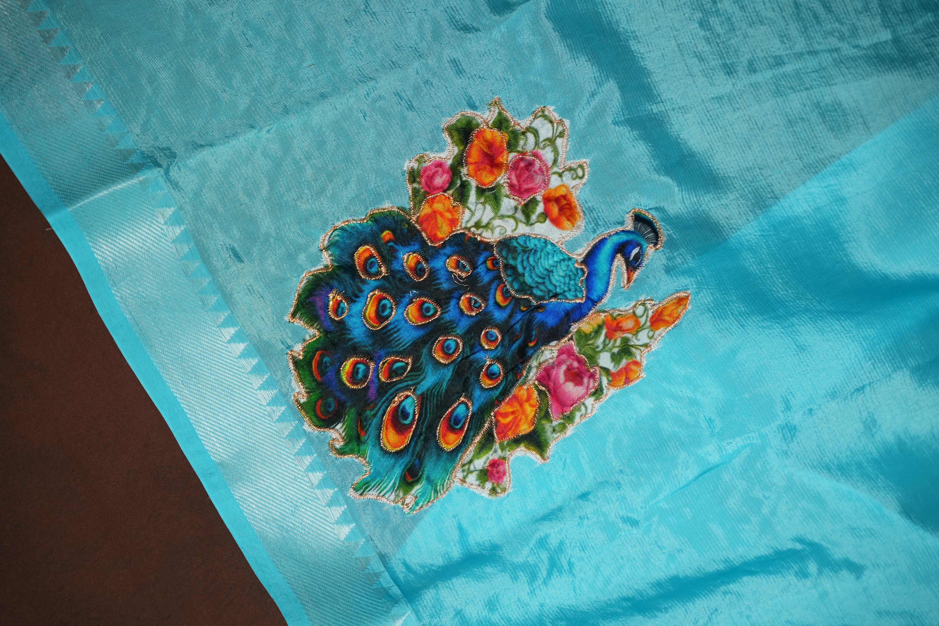 Mangalagiri Applique Work Saree Peacock Design | Ande Silks