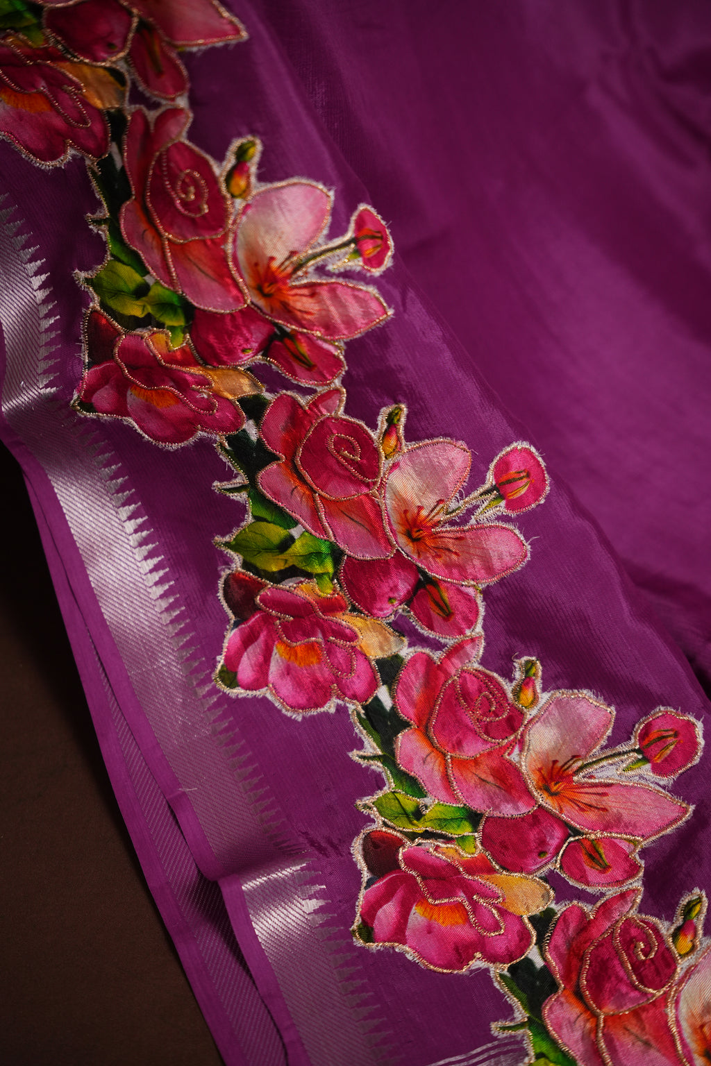 Mangalagiri Applique Work Saree Pink Floral | Ande Silks