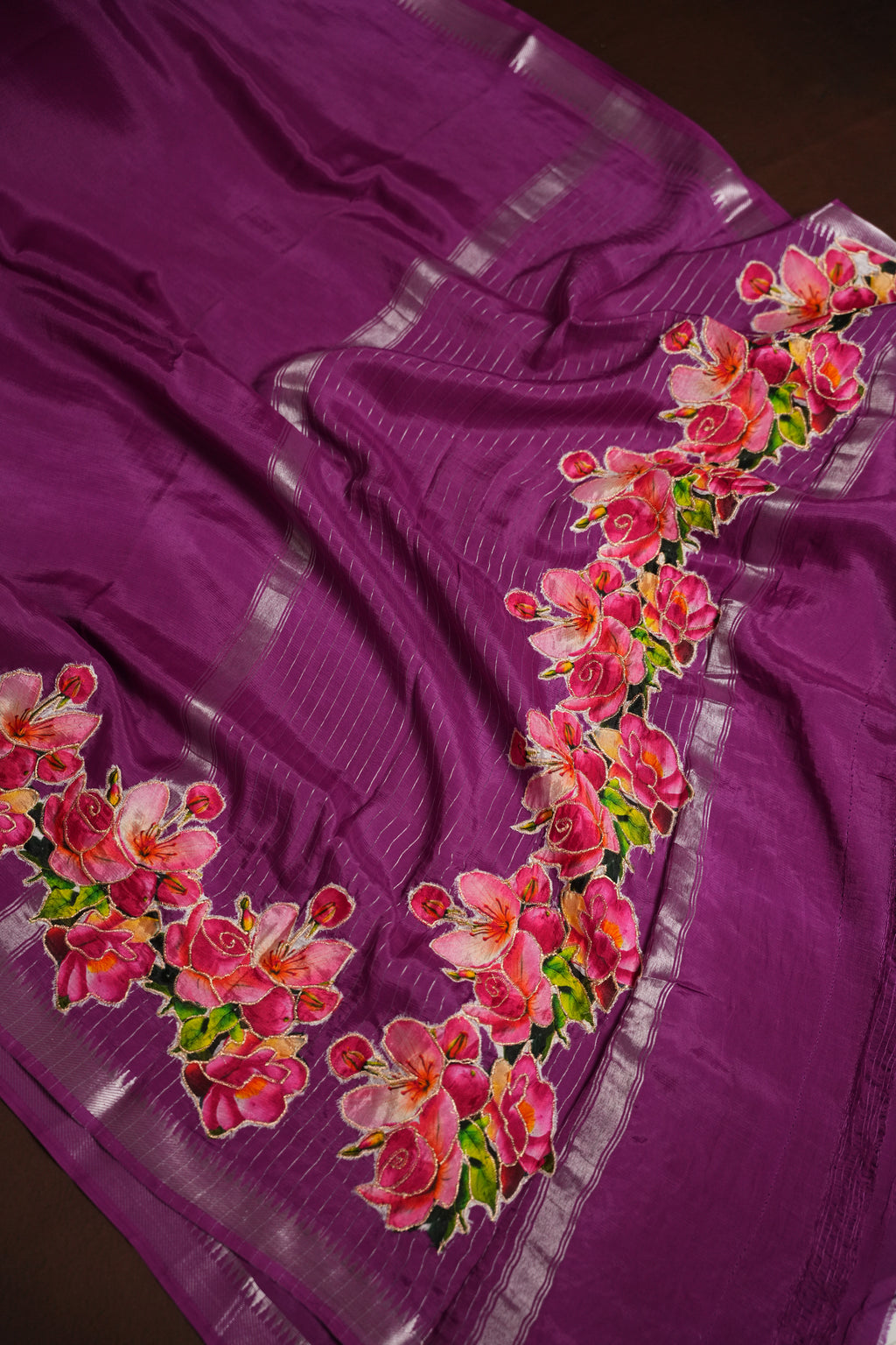 Mangalagiri Applique Work Saree Pink Floral | Ande Silks