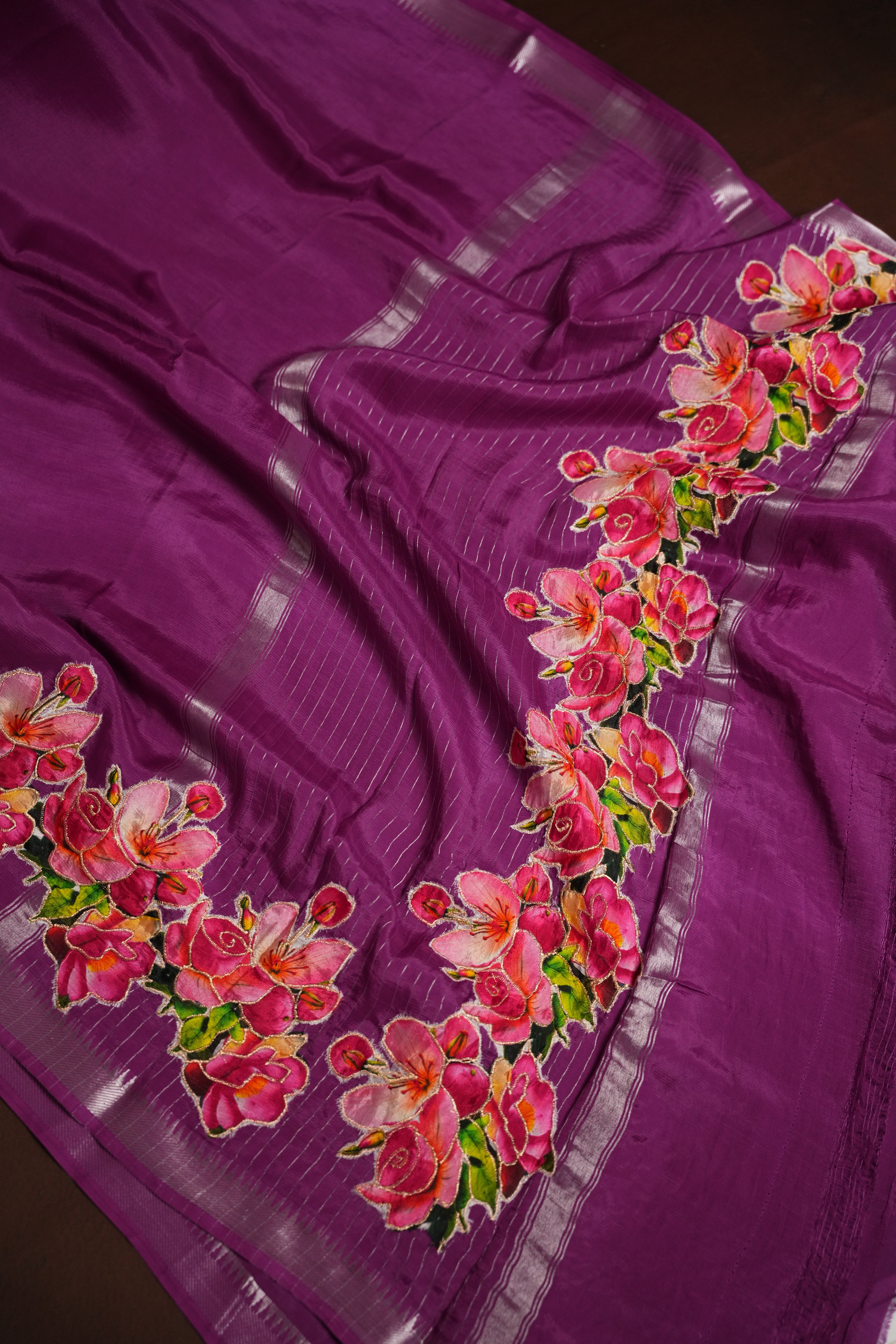 Mangalagiri Applique Work Saree Pink Floral | Ande Silks