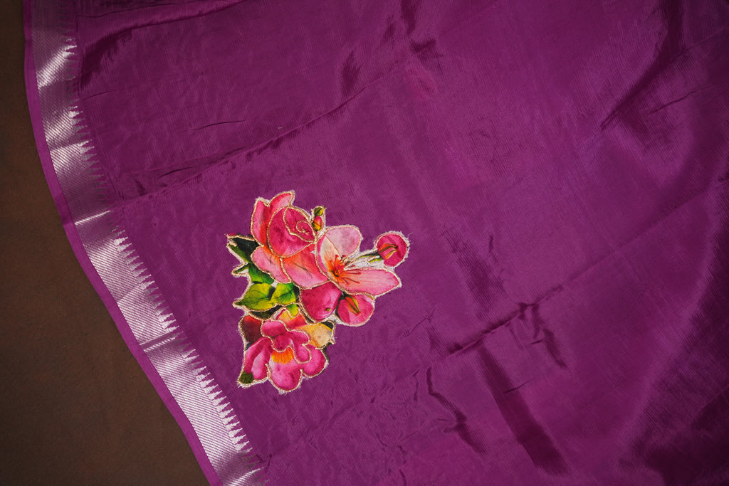Mangalagiri Applique Work Saree Pink Floral | Ande Silks