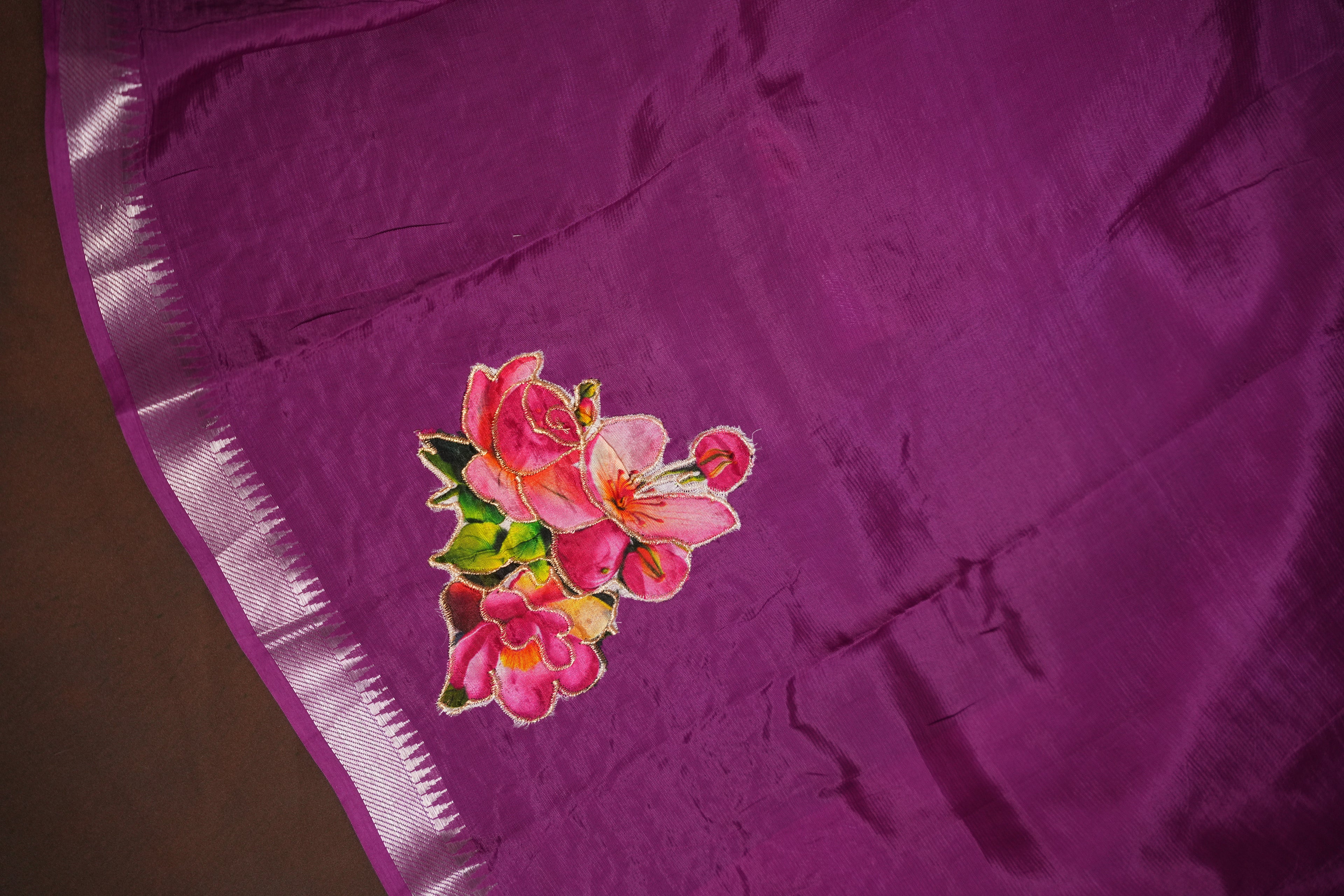 Mangalagiri Applique Work Saree Pink Floral | Ande Silks