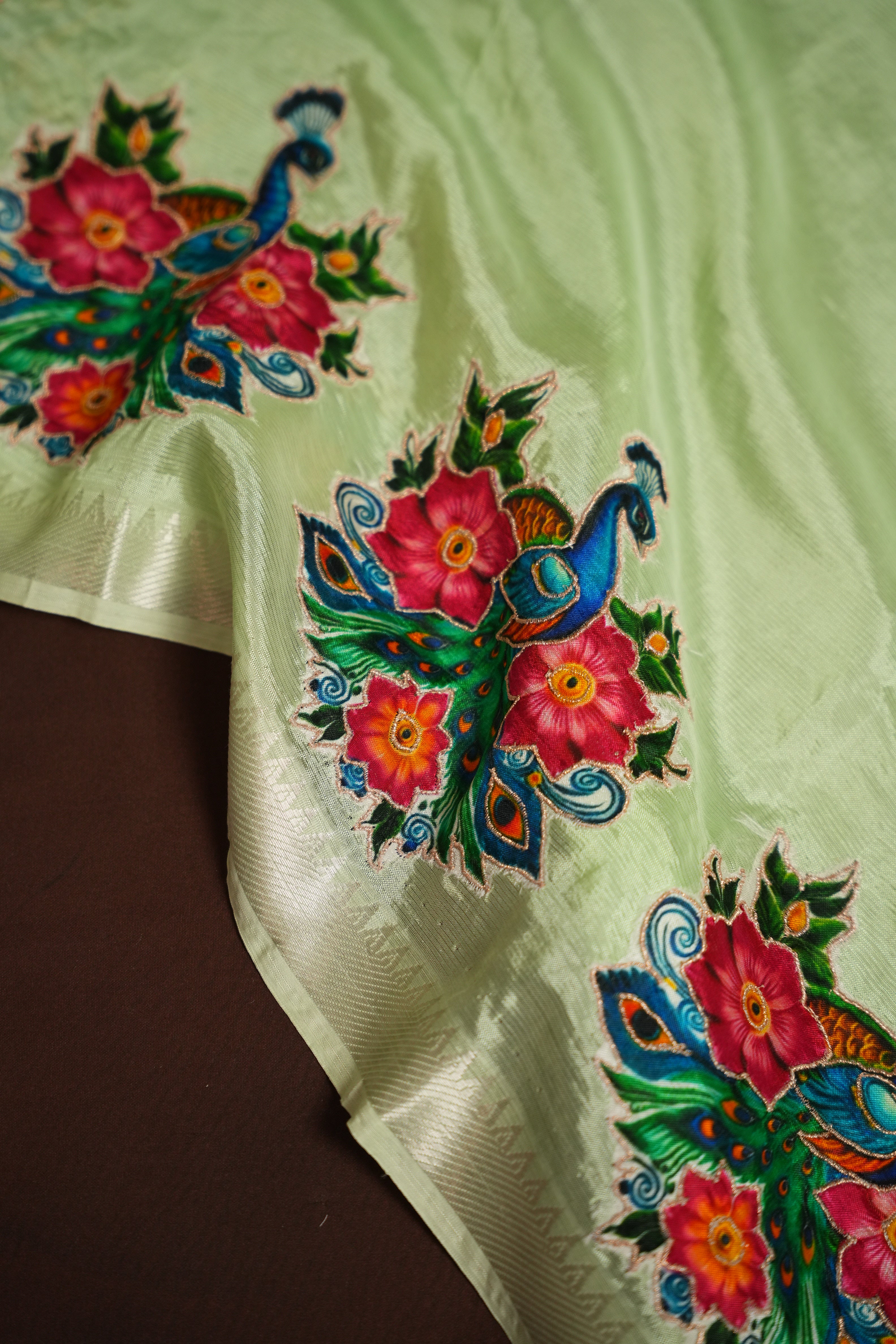 Mangalagiri Applique Work Saree Peacock Floral | Ande Silks