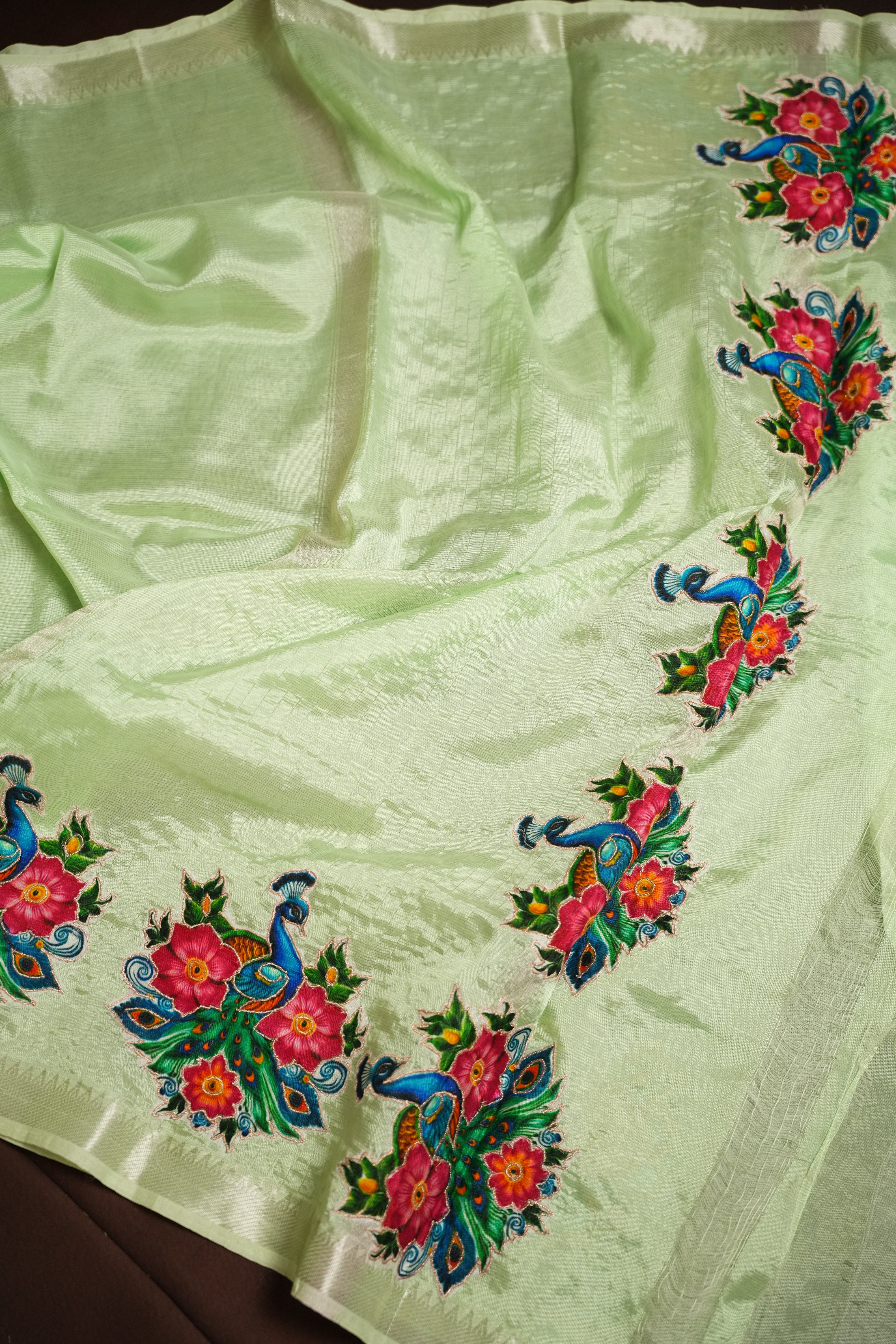 Mangalagiri Applique Work Saree Peacock Floral | Ande Silks