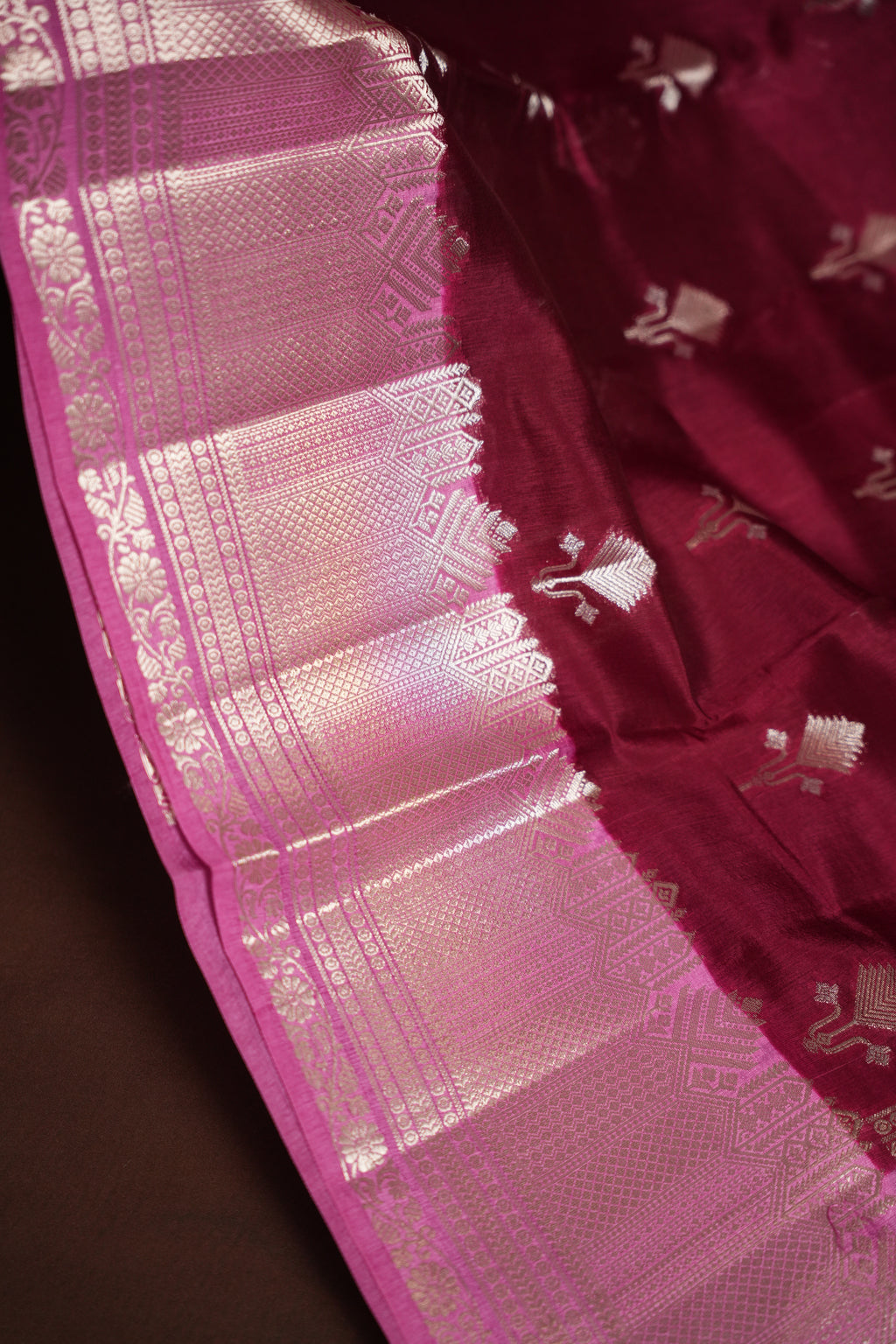 Maroon Benaras Contrast Border Saree with Pink Zari | Ande Silks