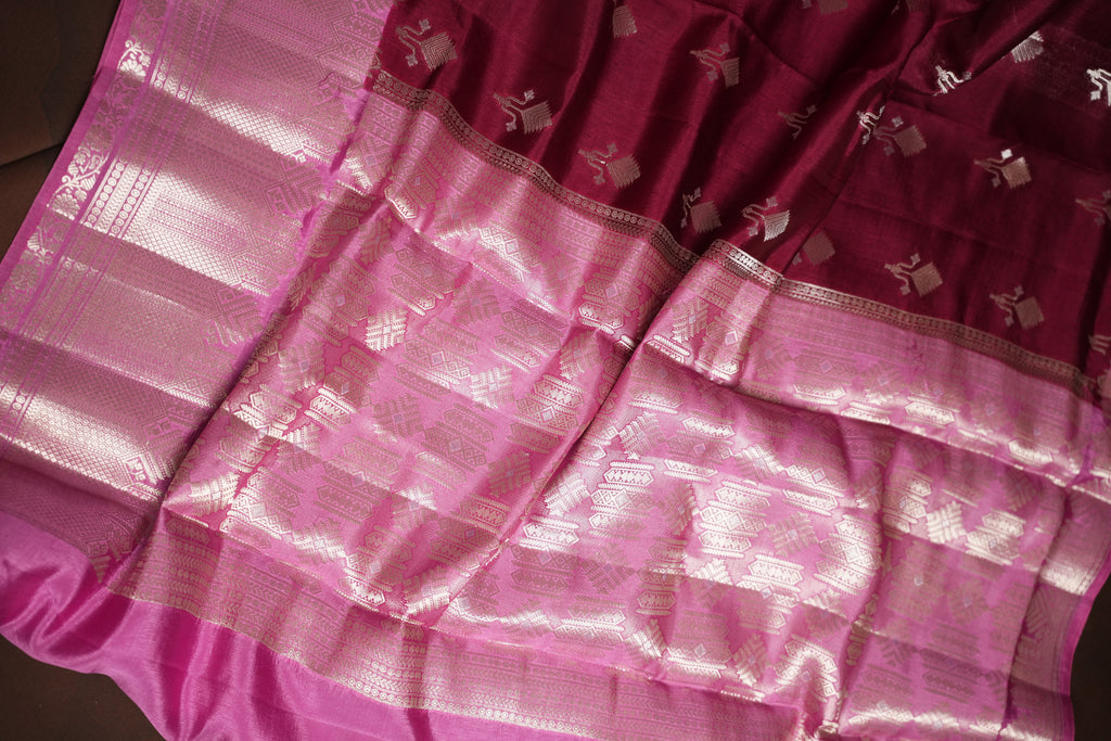 Maroon Benaras Contrast Border Saree with Pink Zari | Ande Silks