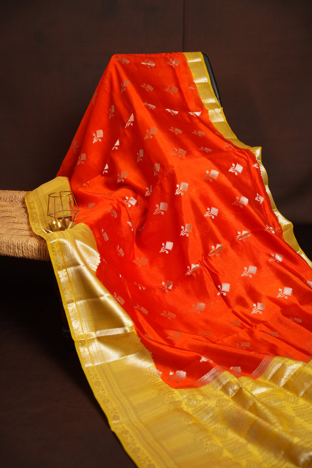 Orange Benaras Contrast Border Saree with Gold Zari | Ande Silks