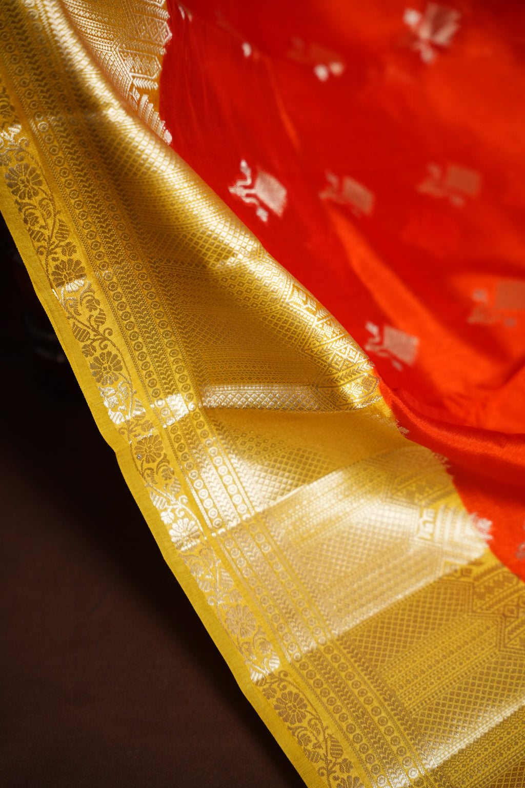 Orange Benaras Contrast Border Saree with Gold Zari | Ande Silks