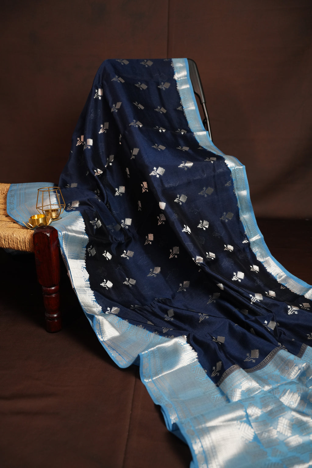 Navy Blue Benaras Contrast Border Saree with Zari | Ande Silks