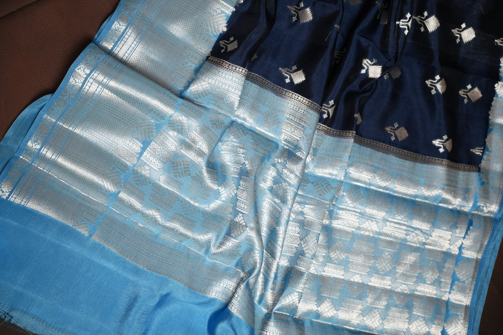 Navy Blue Benaras Contrast Border Saree with Zari | Ande Silks