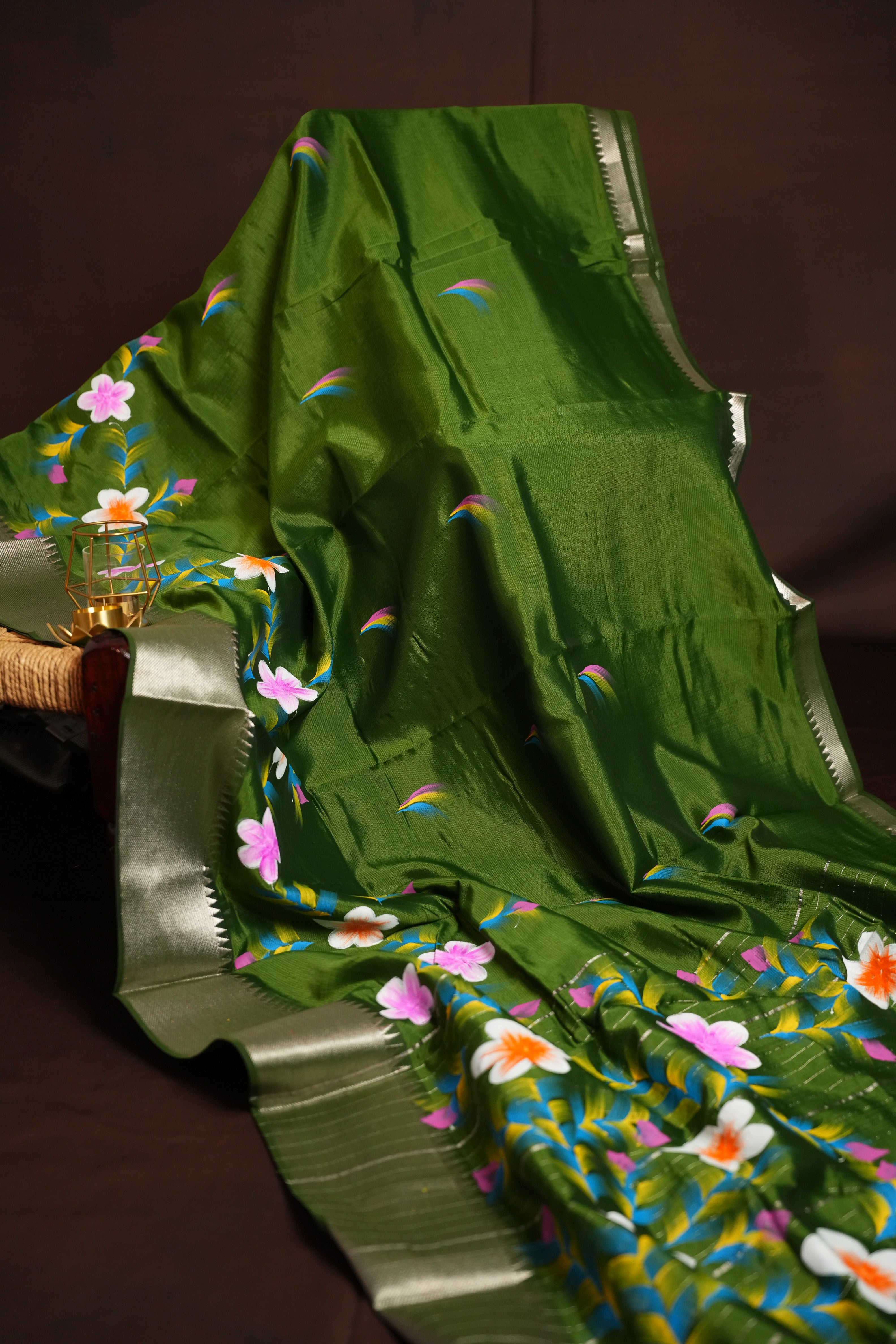 Green Mangalagiri Brush Painted Saree with Zari Border | Ande Silks