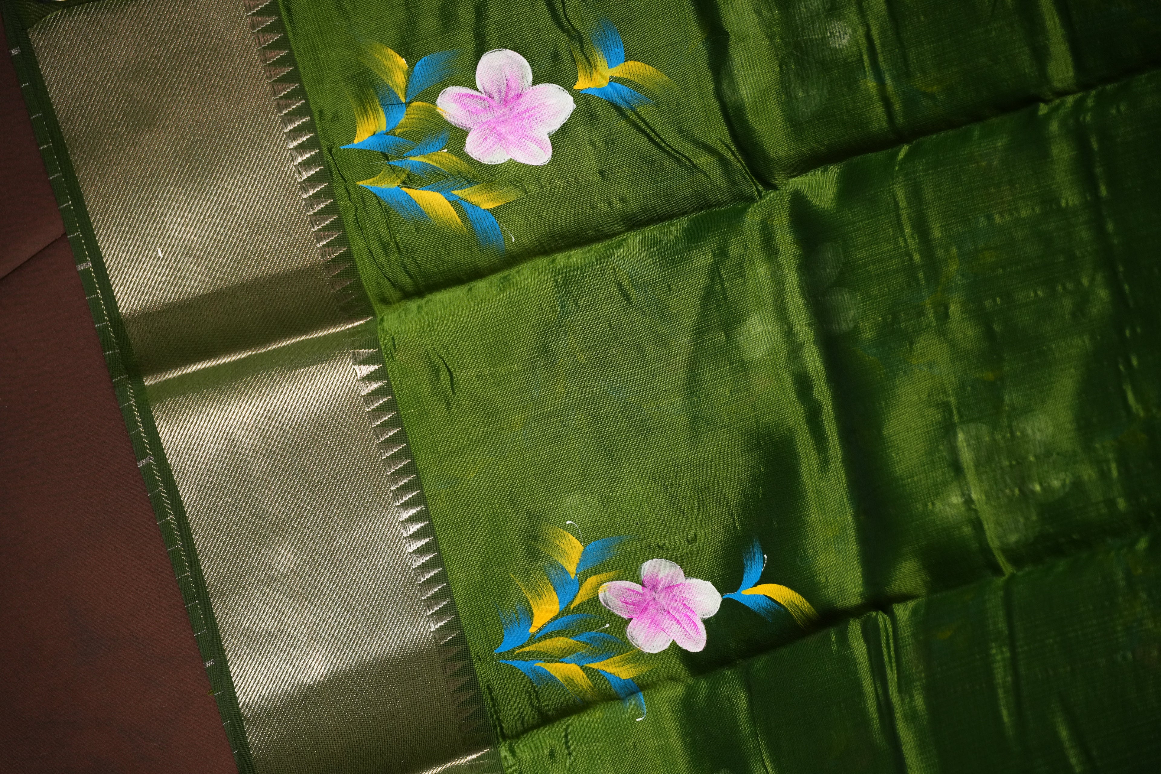 Green Mangalagiri Brush Painted Saree with Zari Border | Ande Silks