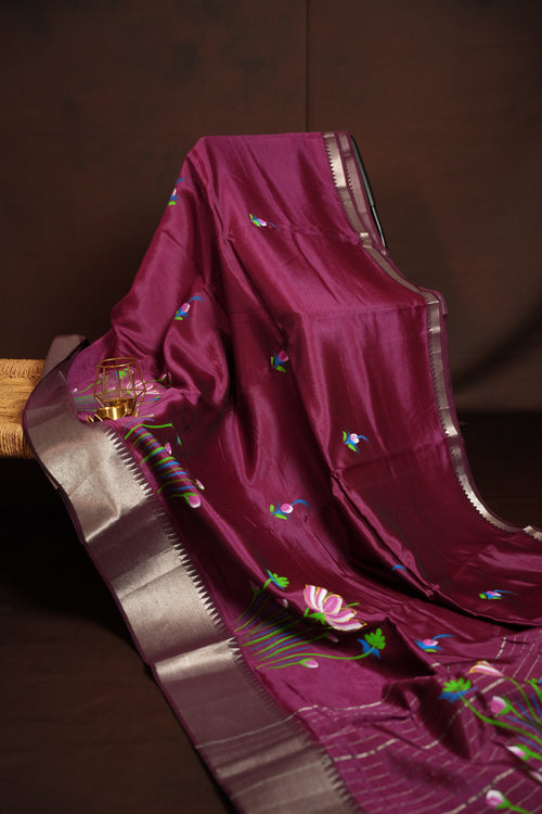Magenta Mangalagiri Brush Painted Saree with Zari Border | Ande Silks
