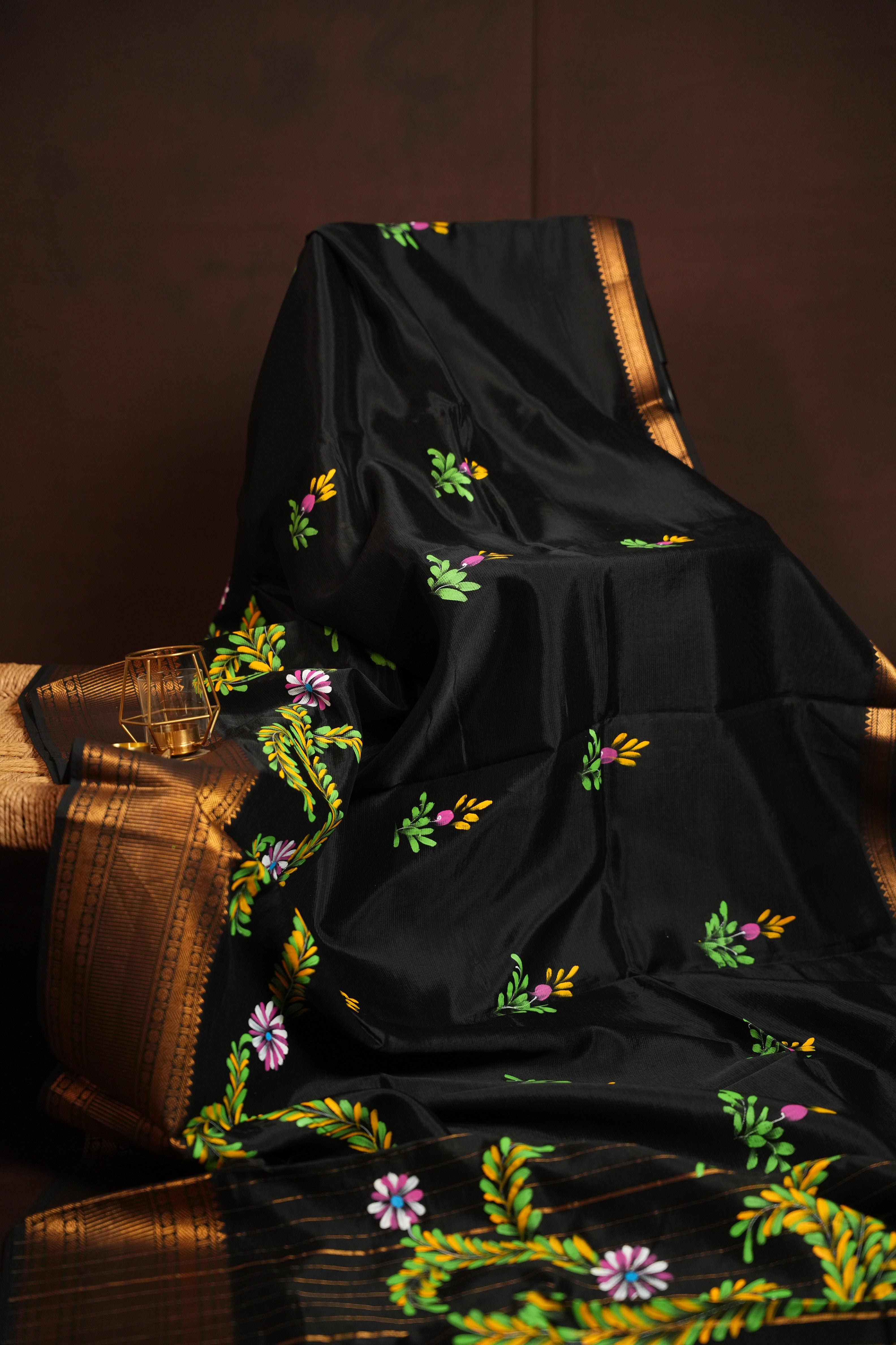Black Mangalagiri Brush Painted Saree with Zari Border | Ande Silks