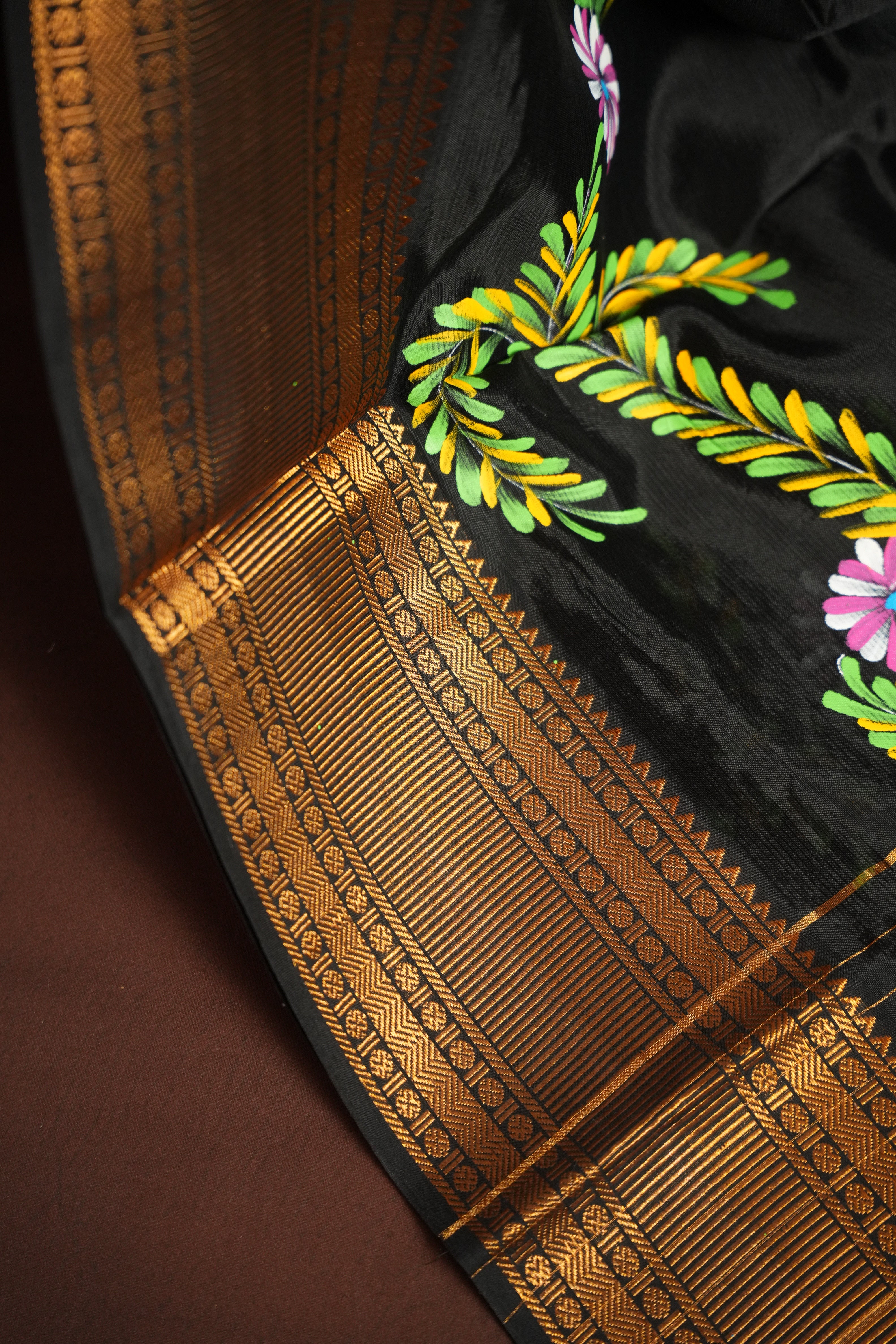 Black Mangalagiri Brush Painted Saree with Zari Border | Ande Silks
