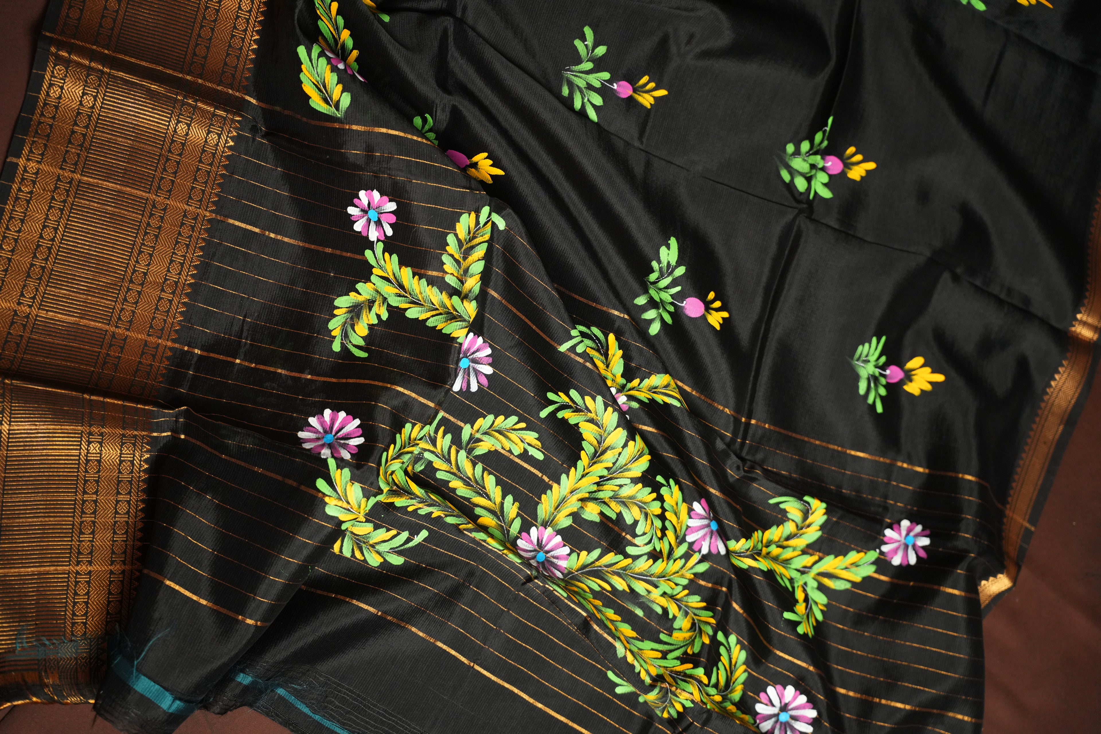 Black Mangalagiri Brush Painted Saree with Zari Border | Ande Silks