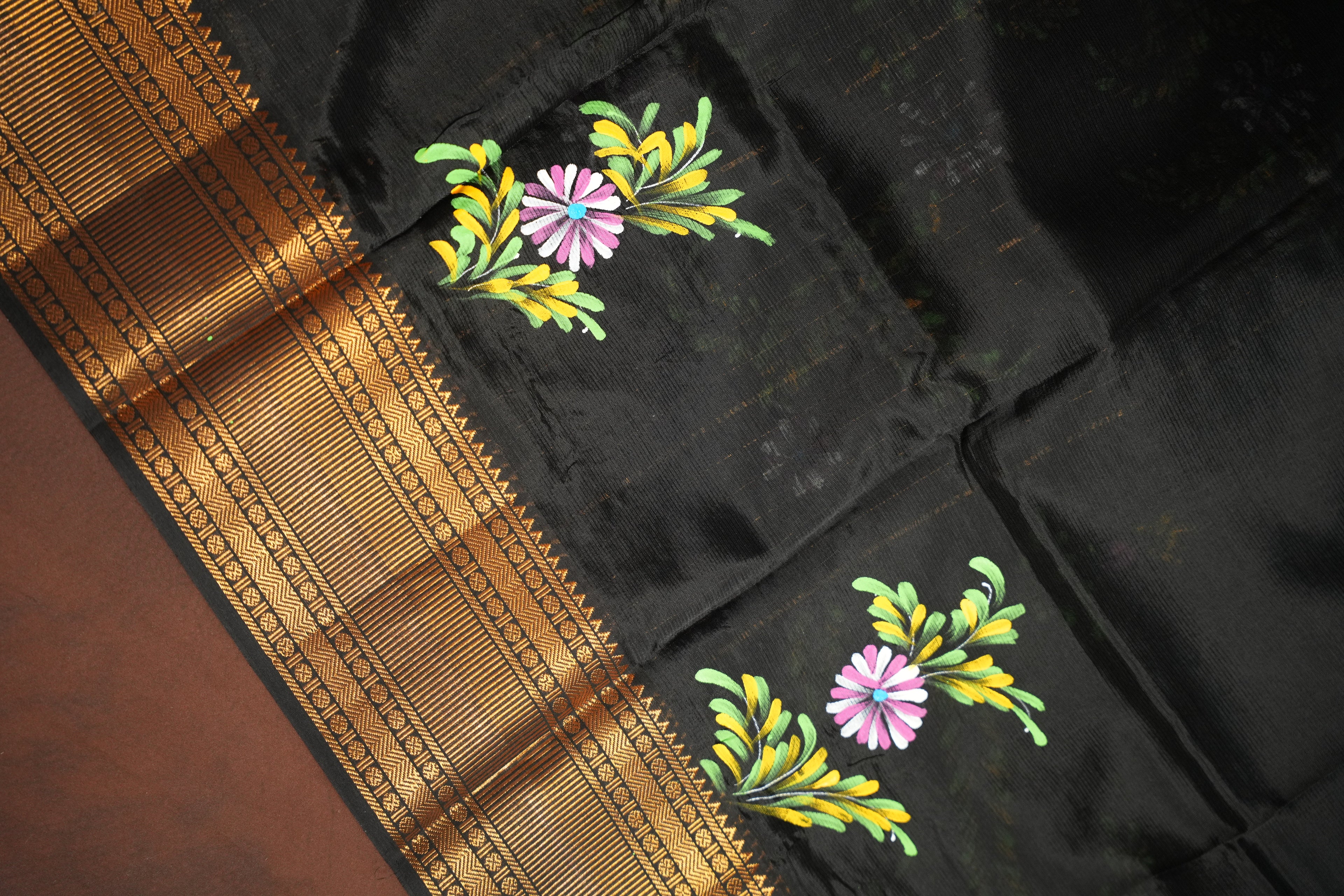Black Mangalagiri Brush Painted Saree with Zari Border | Ande Silks