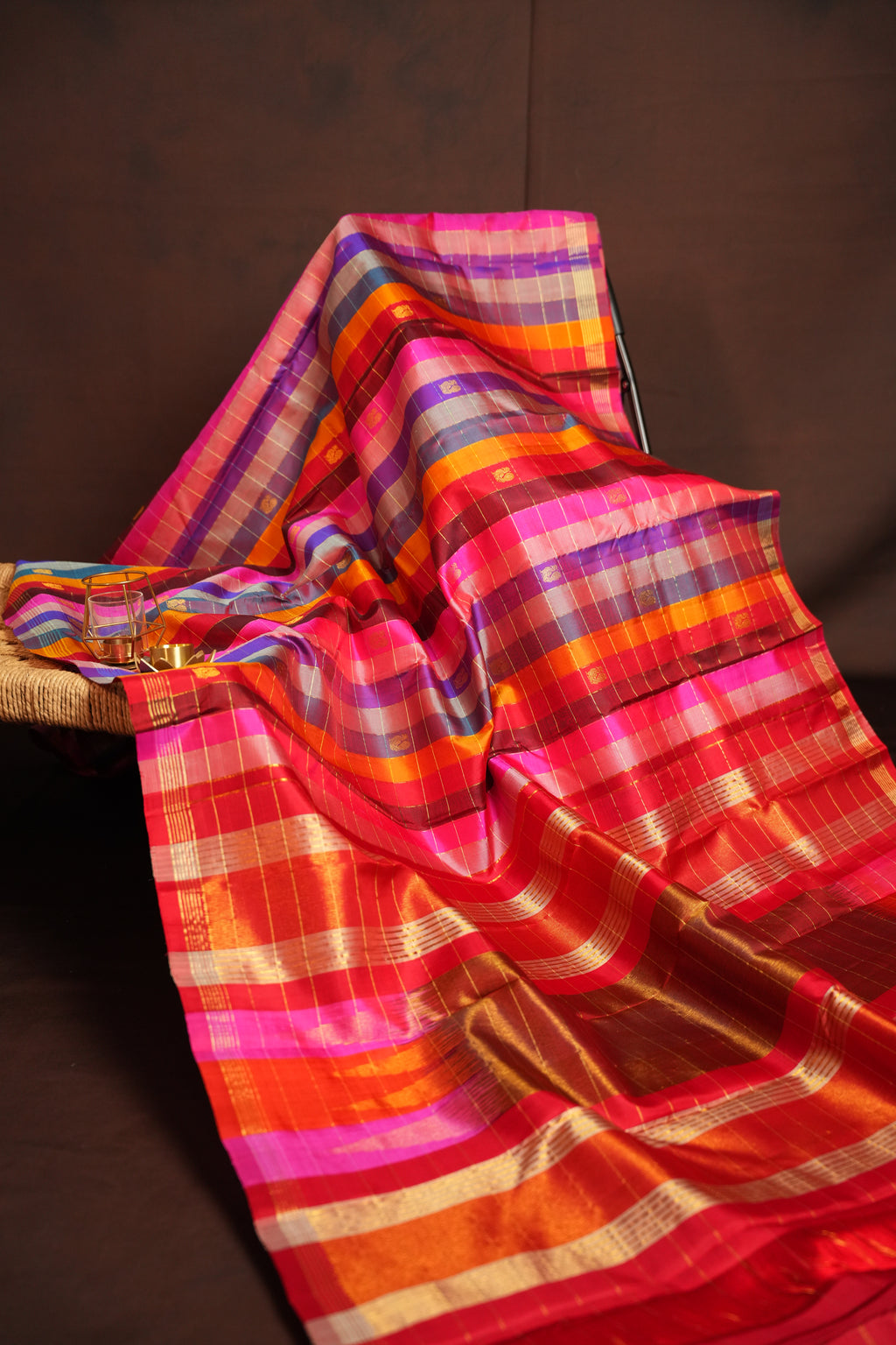 Kanchi Pattu Borderless Saree Fusion Checks Red | Ande Silks