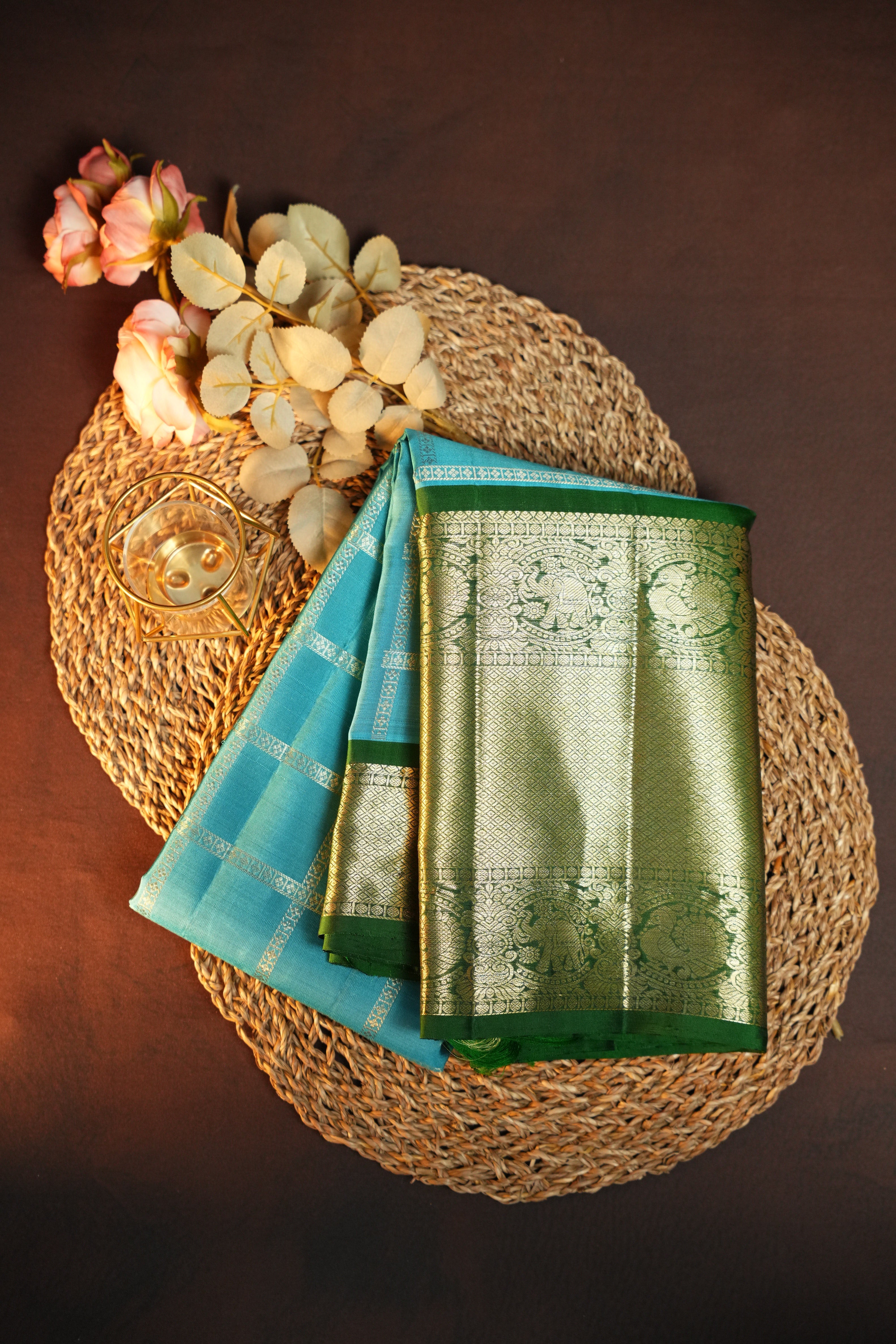 Vintage Kanchi Checks Saree in Sky Blue & Emerald Green