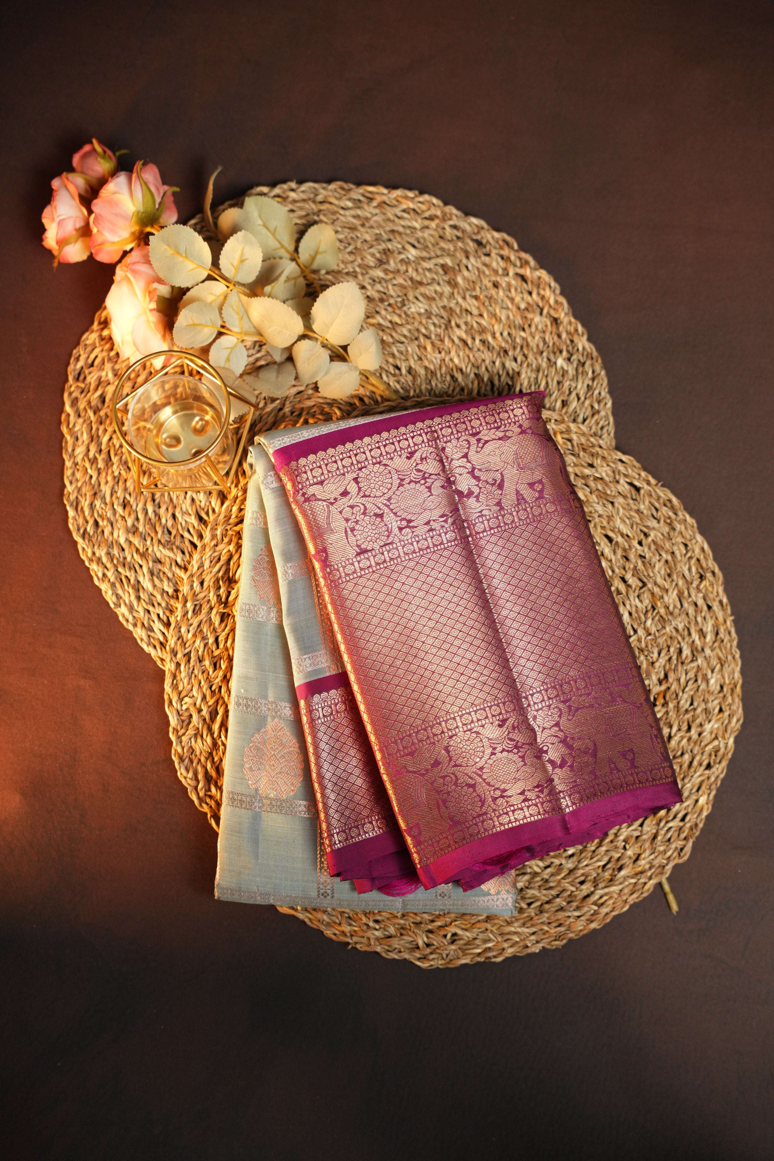 Vintage Kanchi Checks Saree in Silver Grey & Magenta