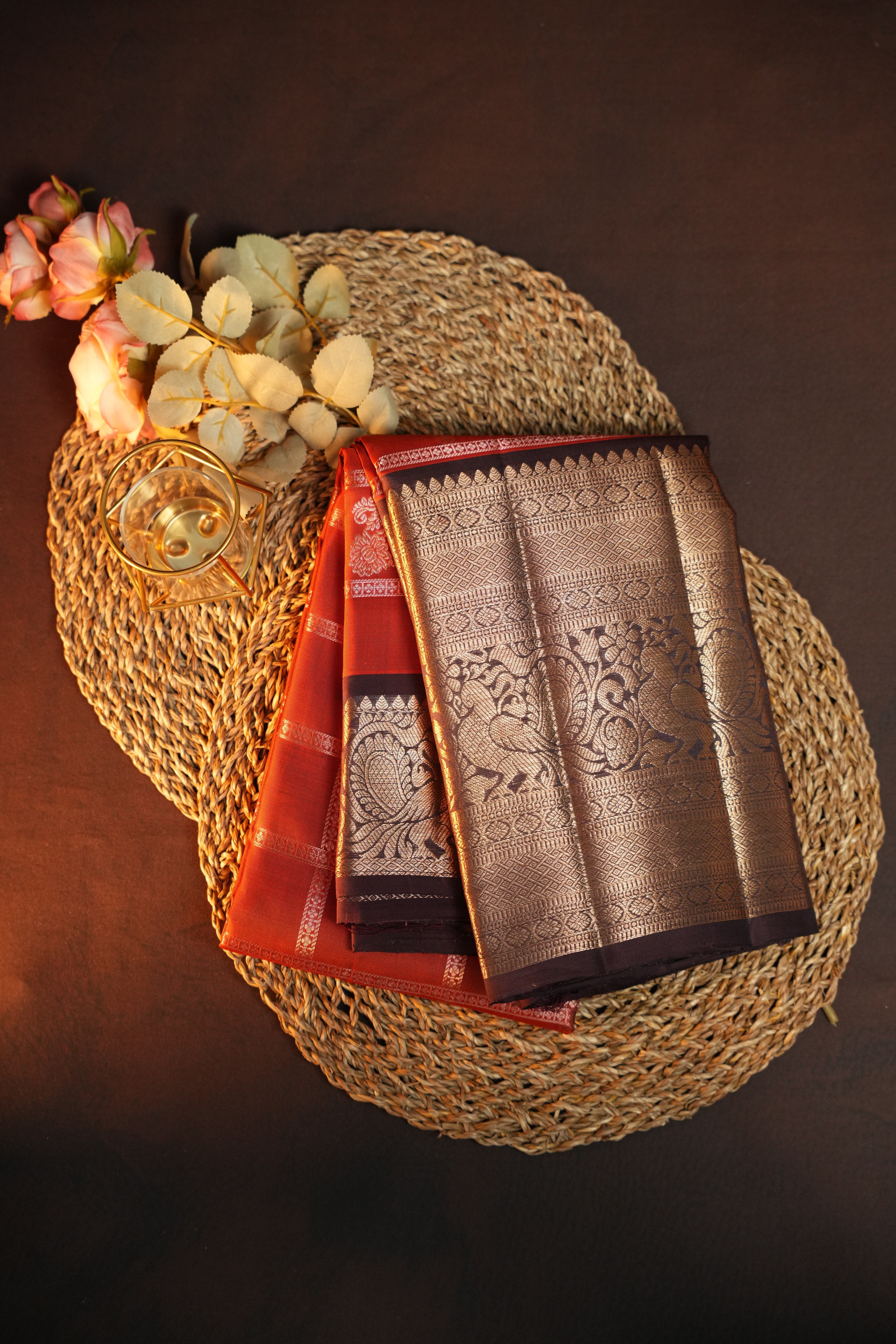 Vintage Kanchi Checks Saree in Rust with Rich Zari Border