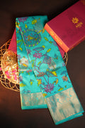 Kanchi Printed Kalamkari Saree with Silver Zari Border