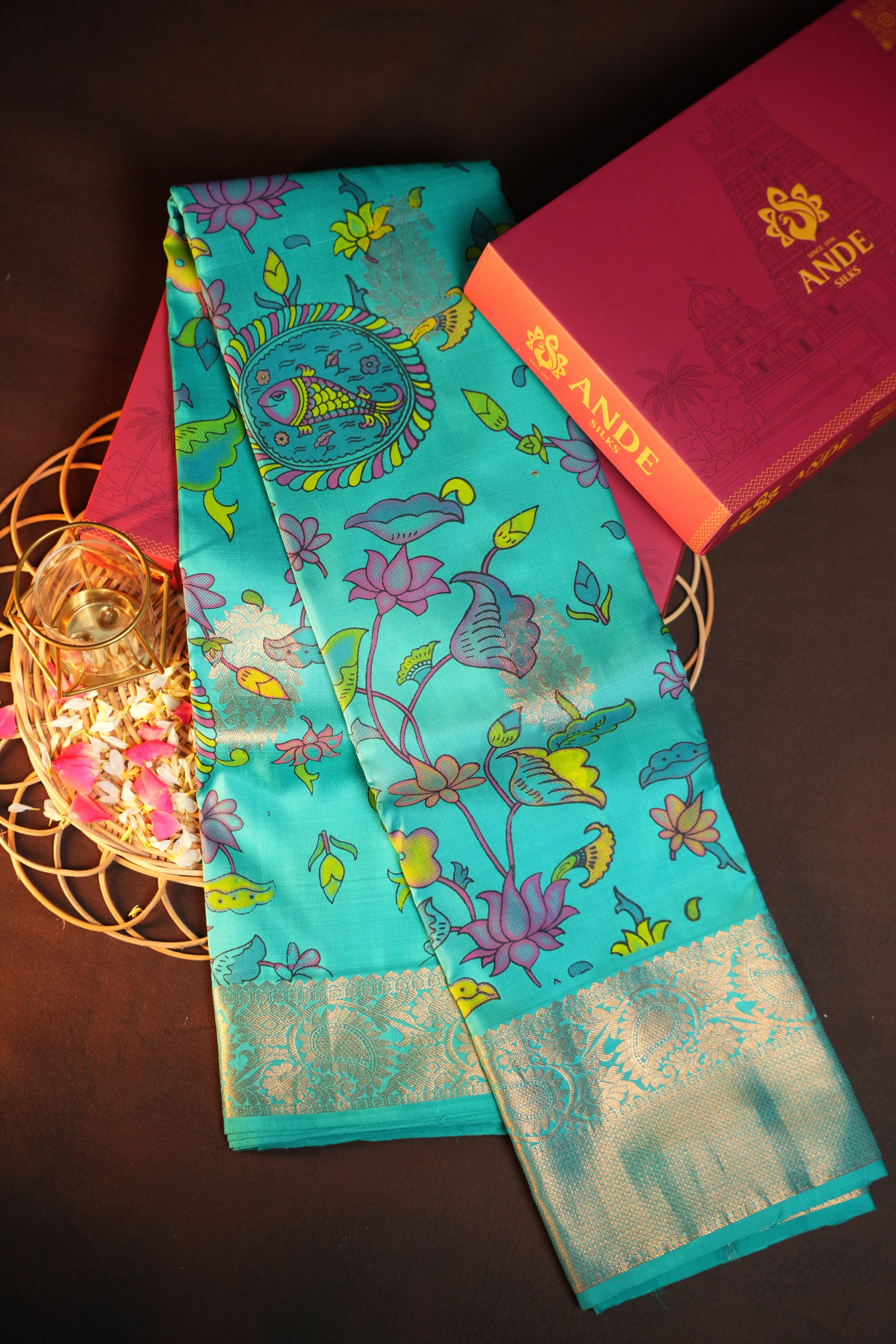 Kanchi Printed Kalamkari Saree with Silver Zari Border