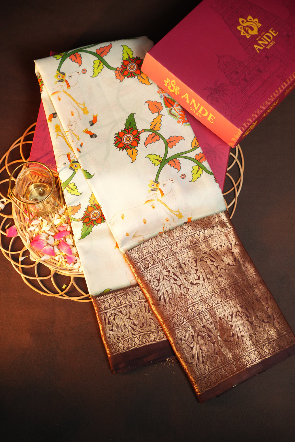 Kanchi Printed Kalamkari Saree with Rich Zari Border