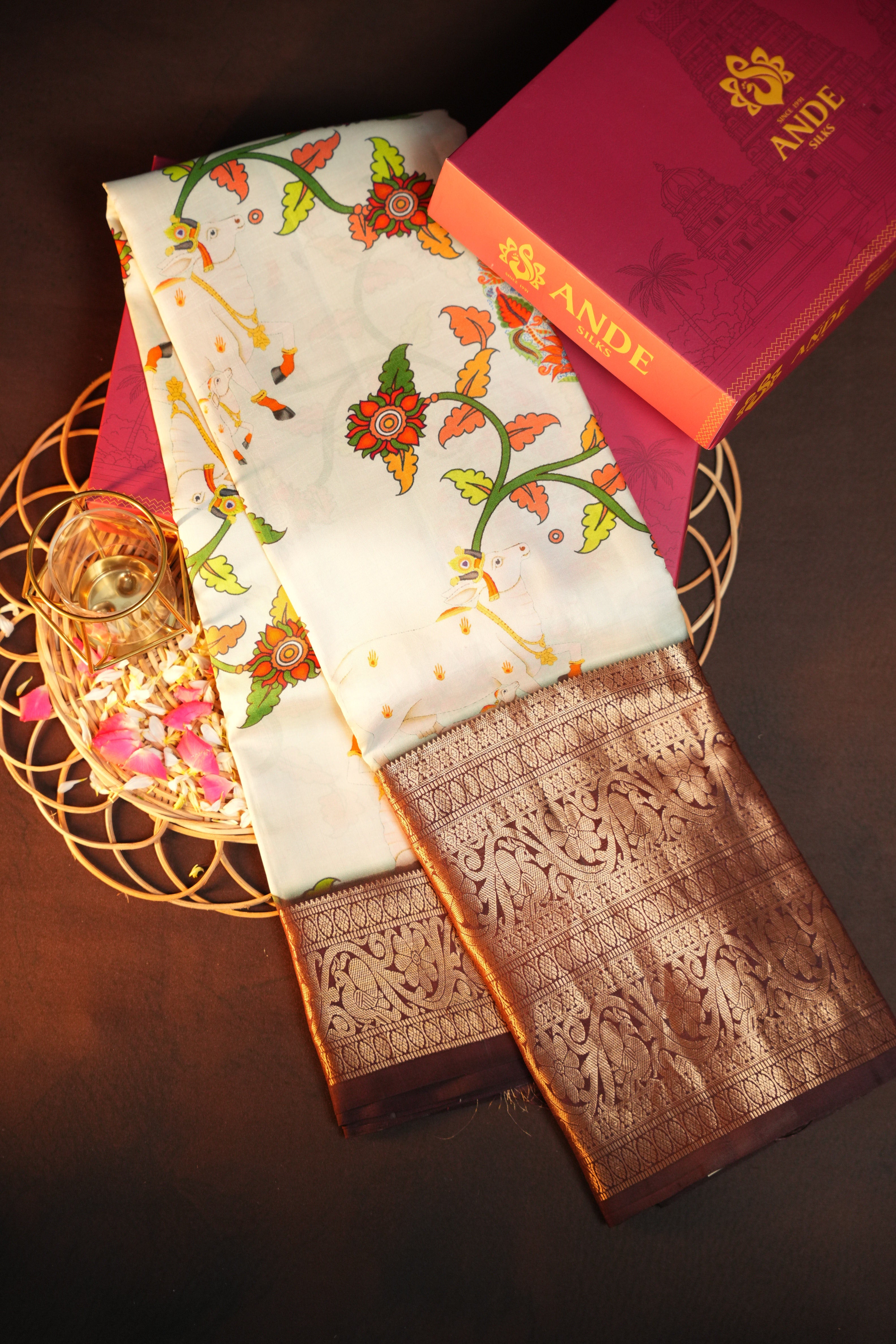 Kanchi Printed Kalamkari Saree with Rich Zari Border