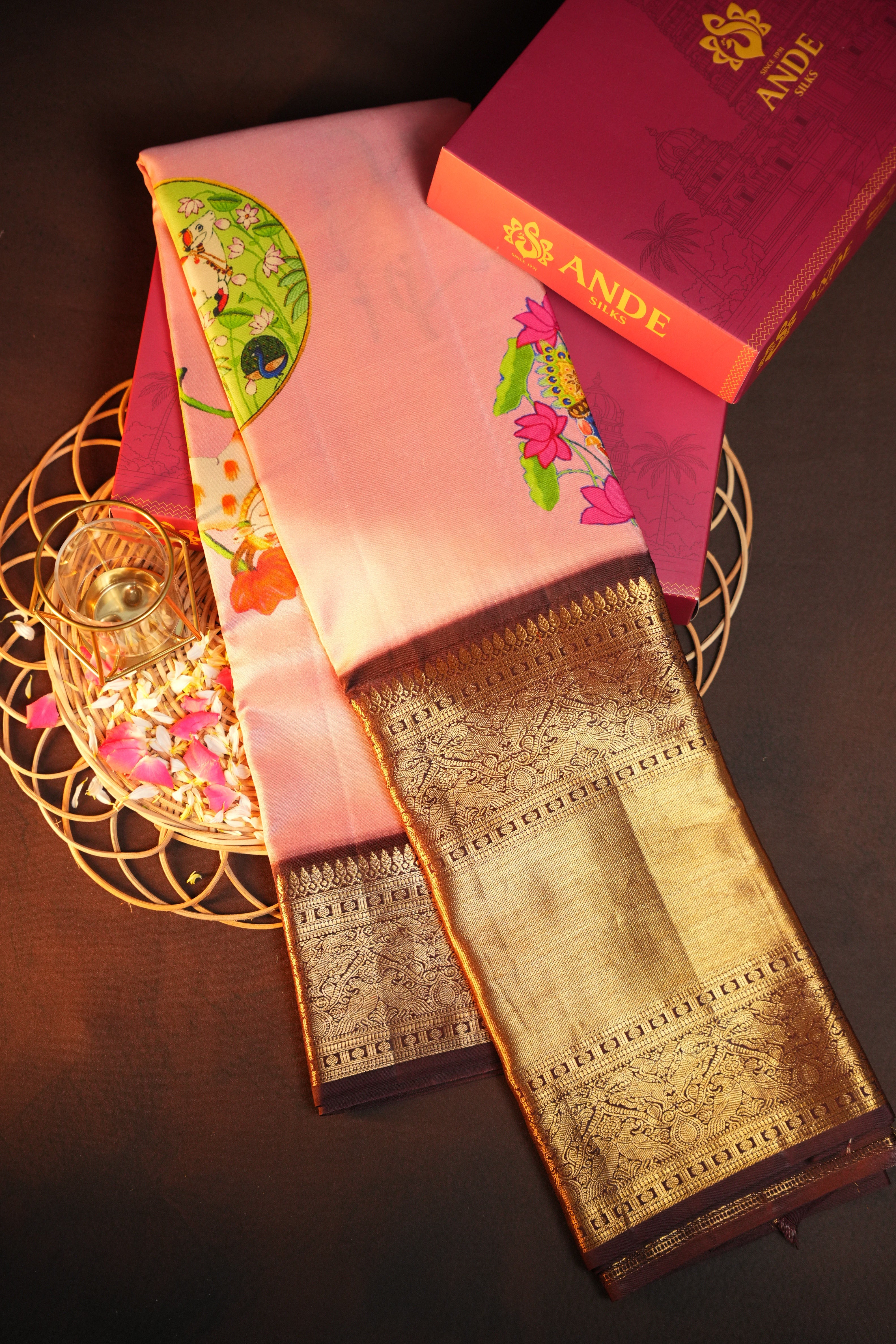 Pink Kanchi Printed Kalamkari Saree with Zari Border