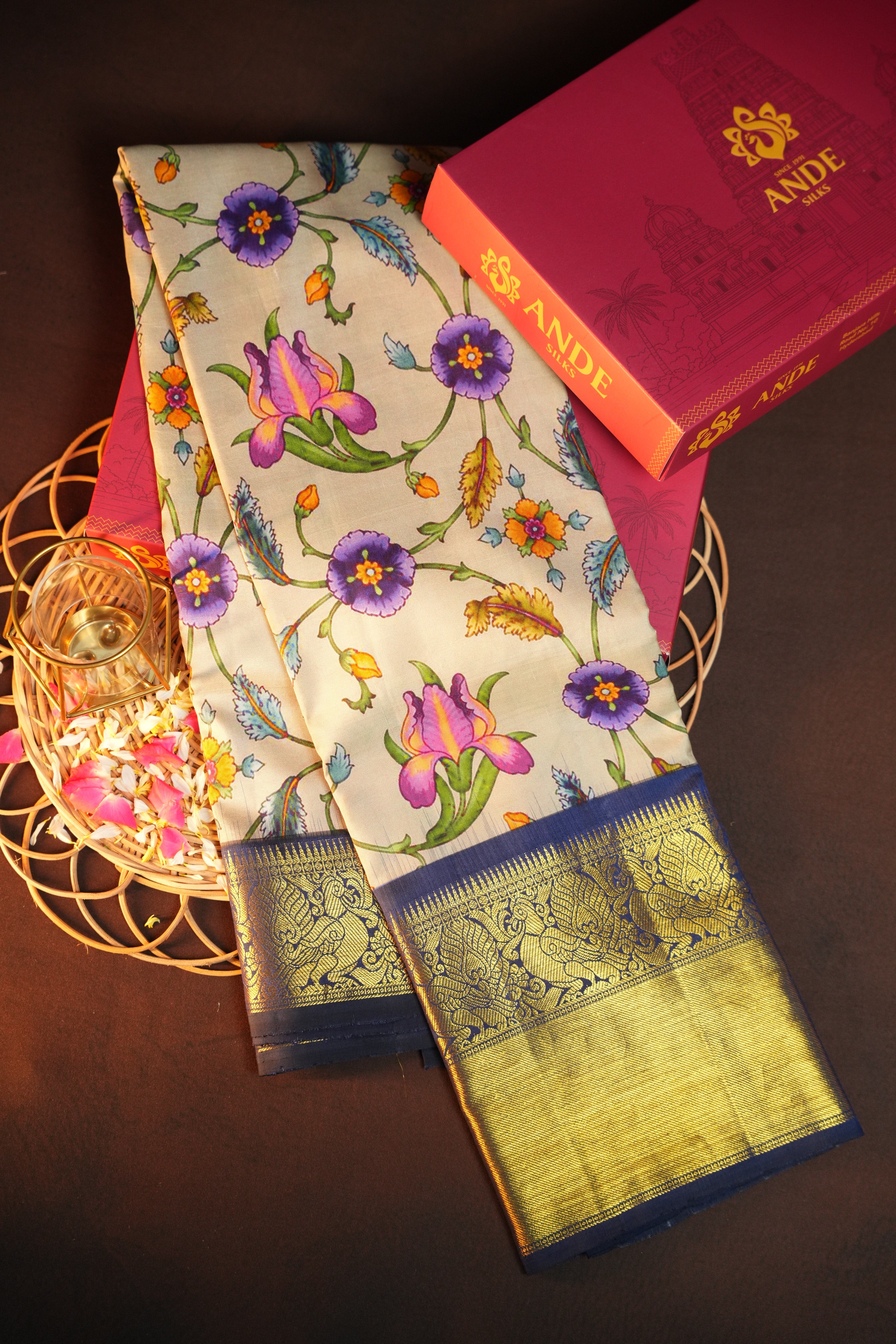 Floral Kanchi Printed Kalamkari Saree with Zari Border