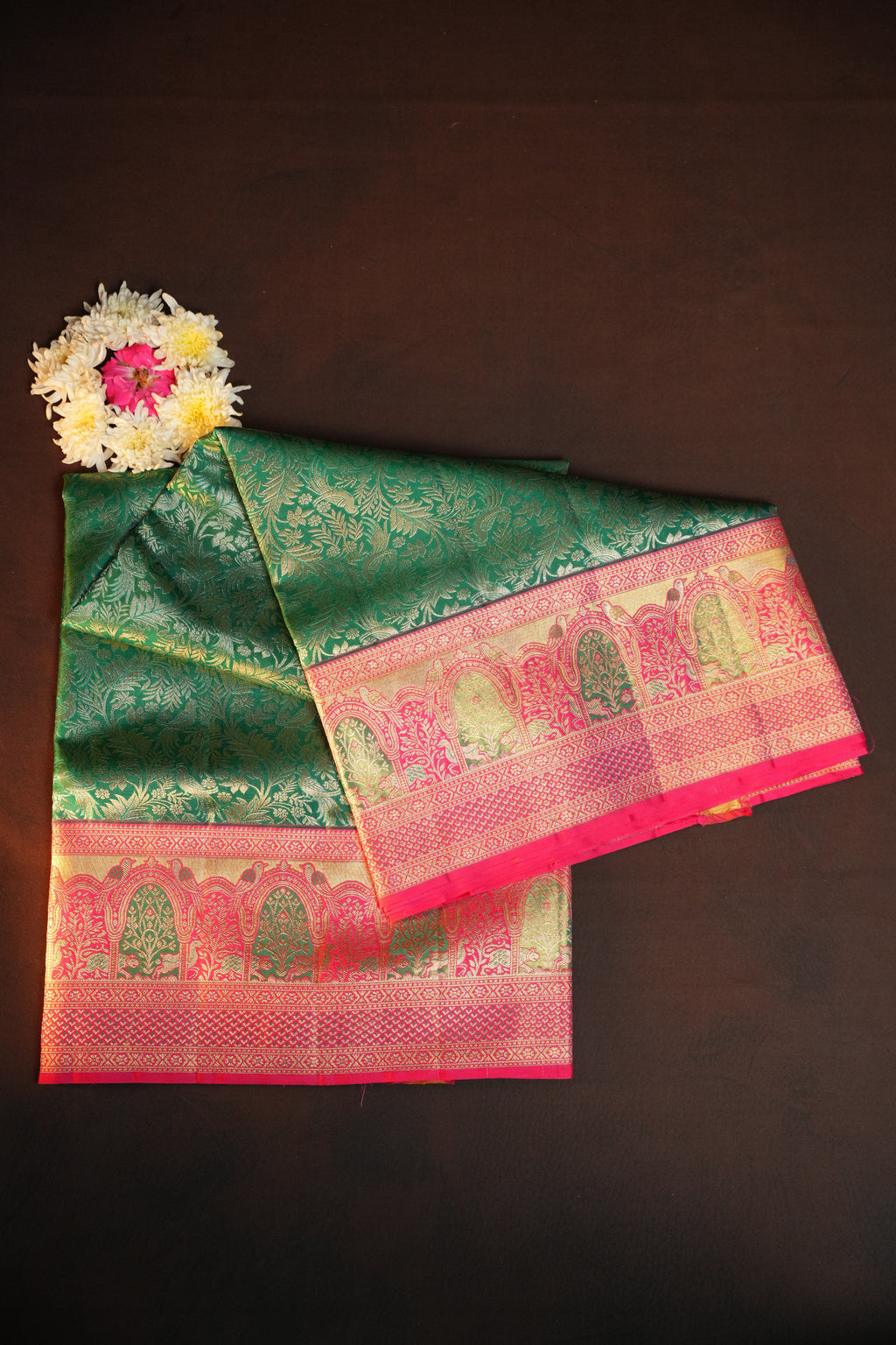 Green Kanchi Meena Border Saree with Pink Zari Border