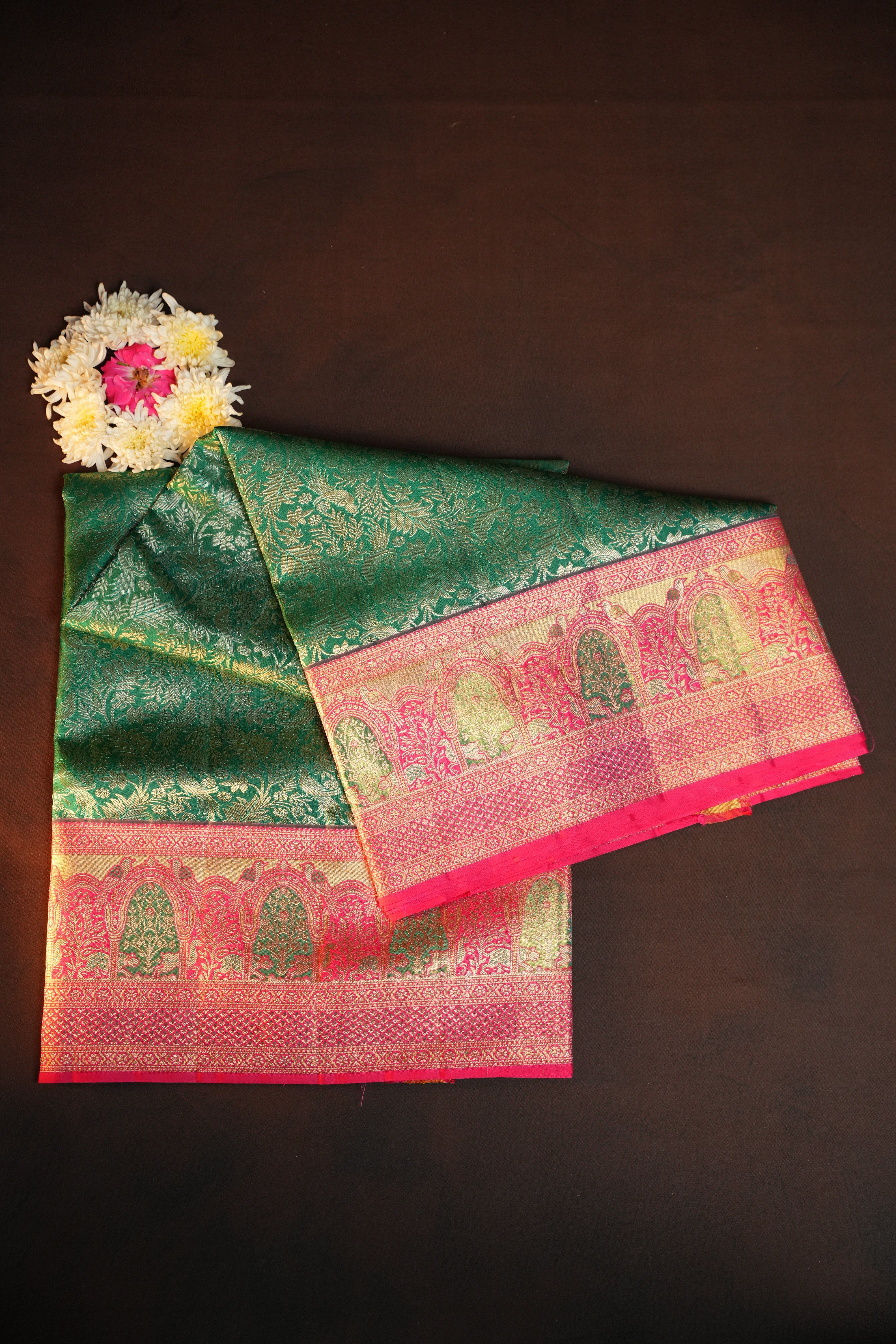 Green Kanchi Meena Border Saree with Pink Zari Border