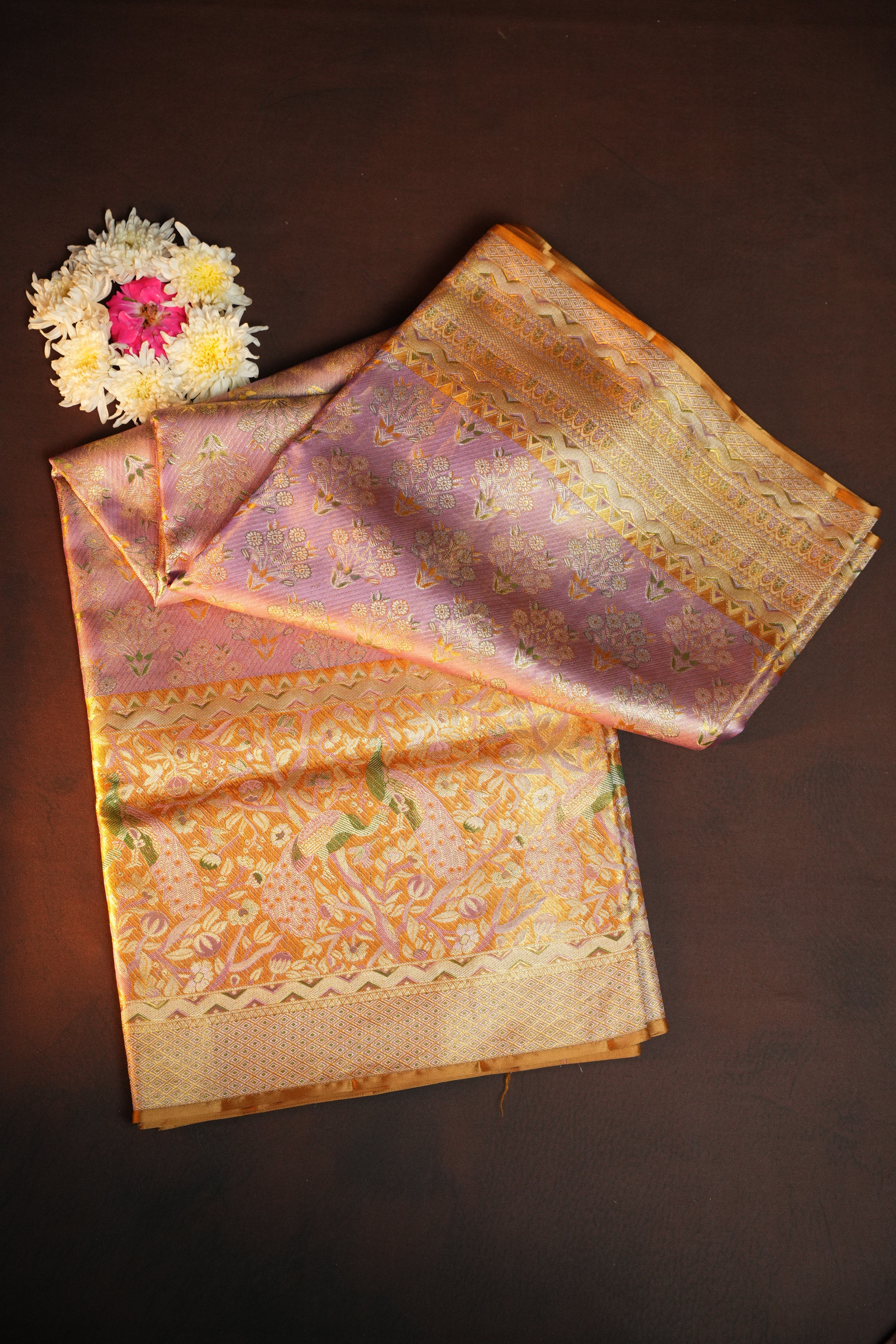 Pastel Pink Kanchi Meena Border Saree with Bird Motifs