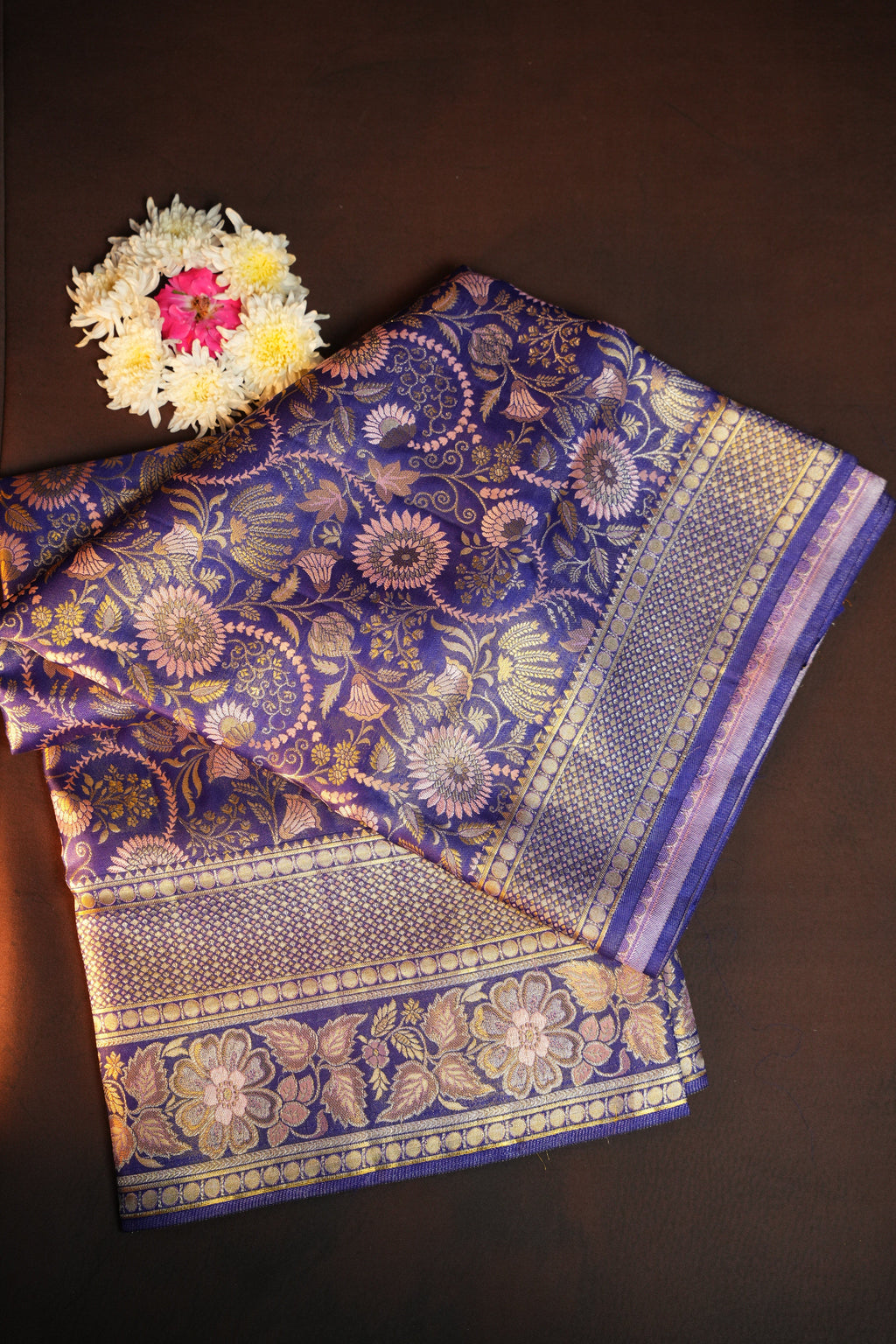 Royal Blue Kanchi Bridal Saree with Floral Zari Weaving