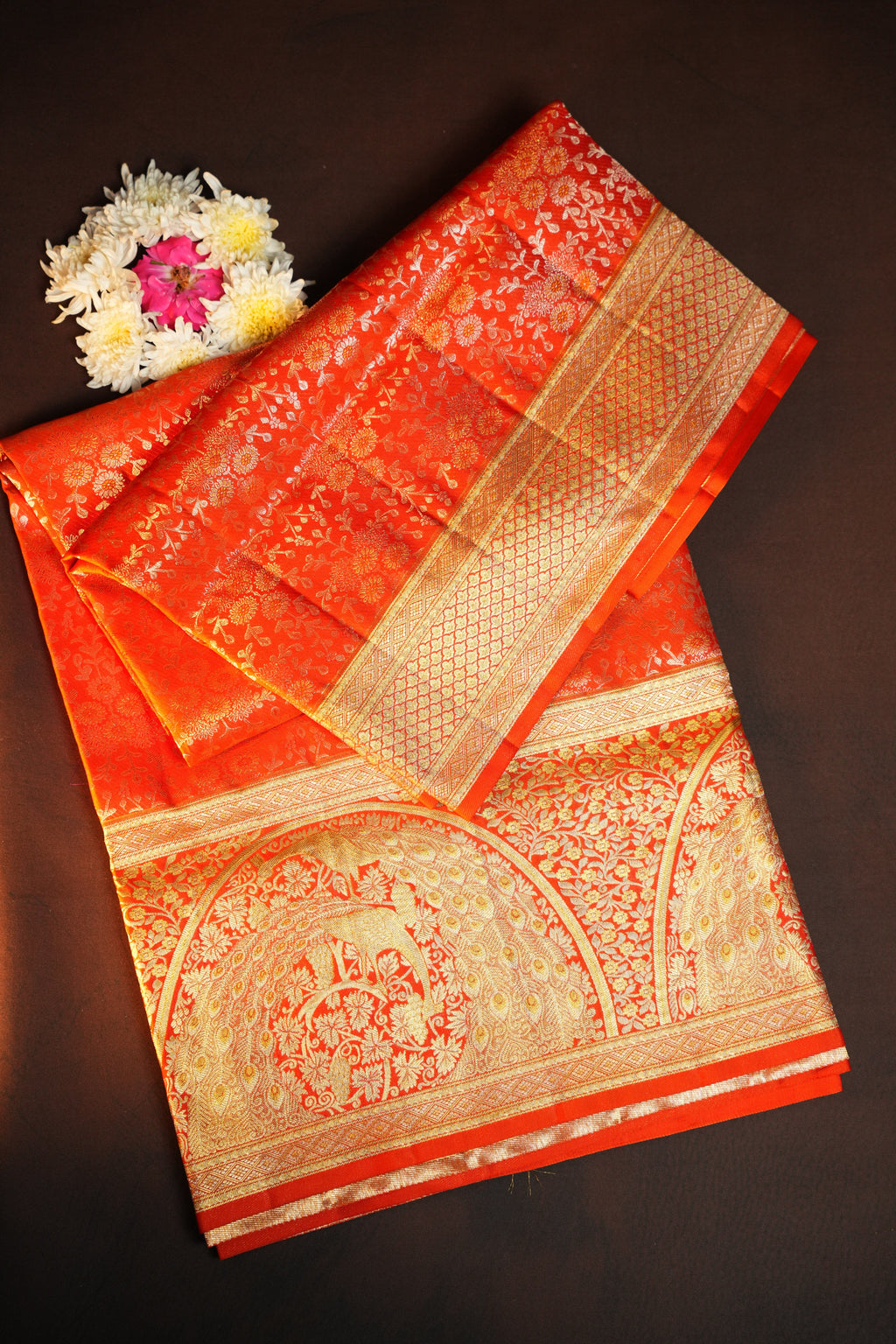 Orange Kanchi Meena Border Saree with Peacock Zari Pallu