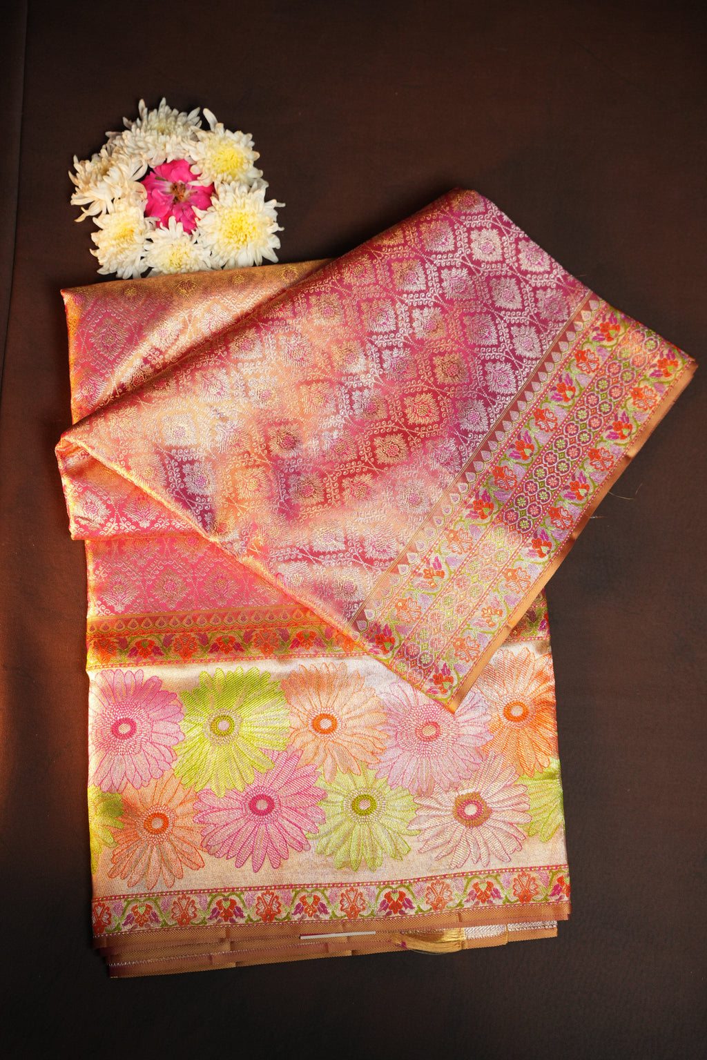 Pink Kanchi Meena Border Saree with Floral Woven Pallu