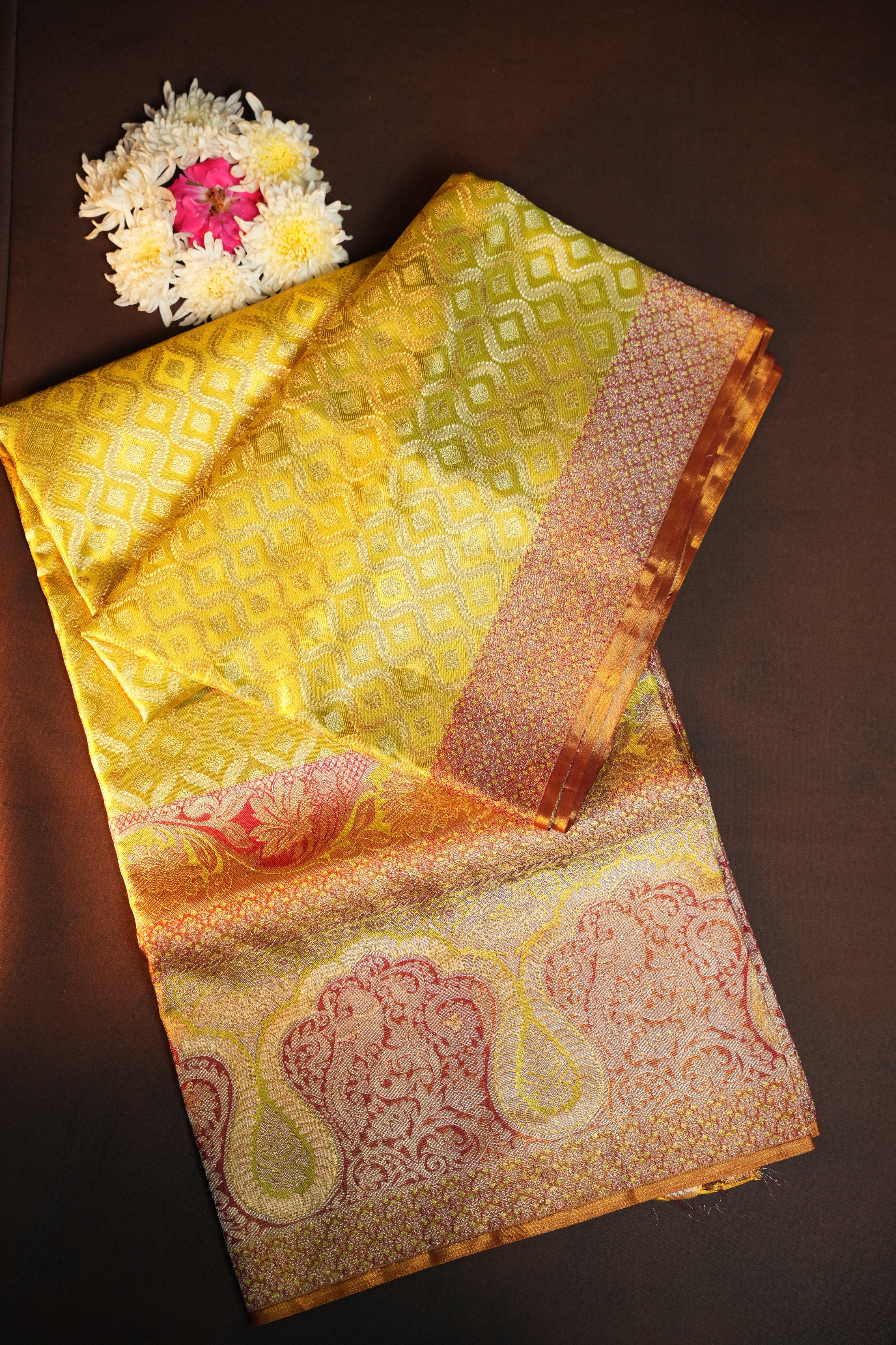 Yellow Kanchi Meena Border Saree with Rich Zari Pallu