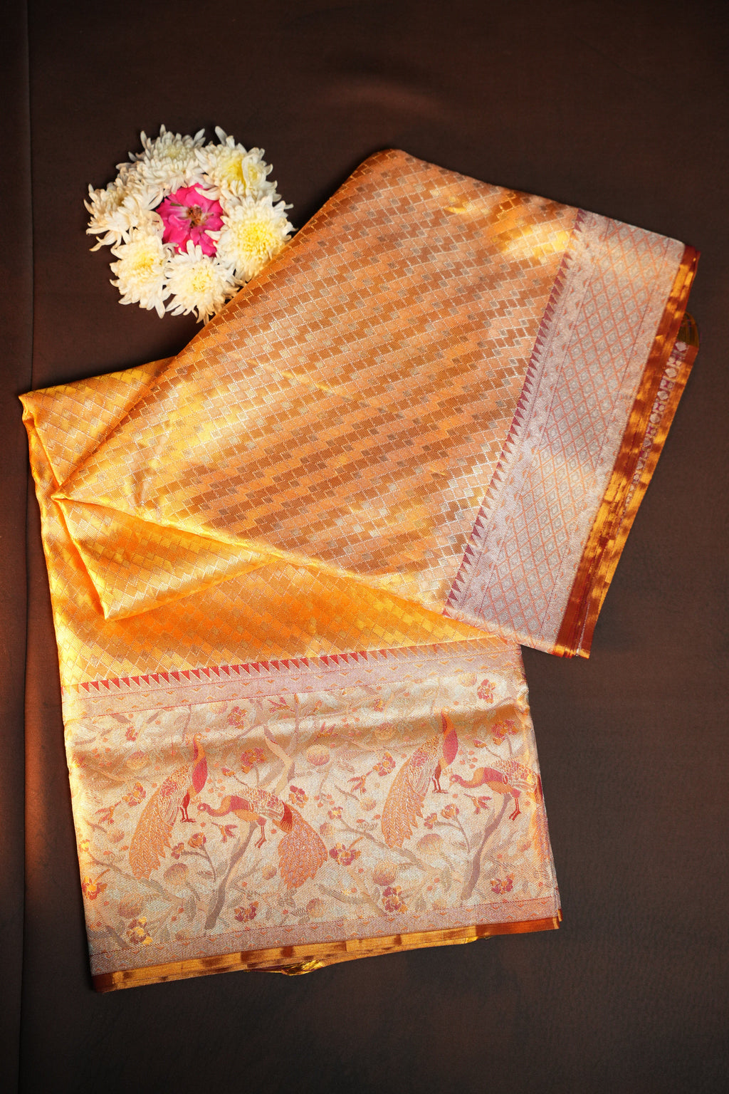 Gold Kanchi Meena Border Saree with Peacock Woven Pallu