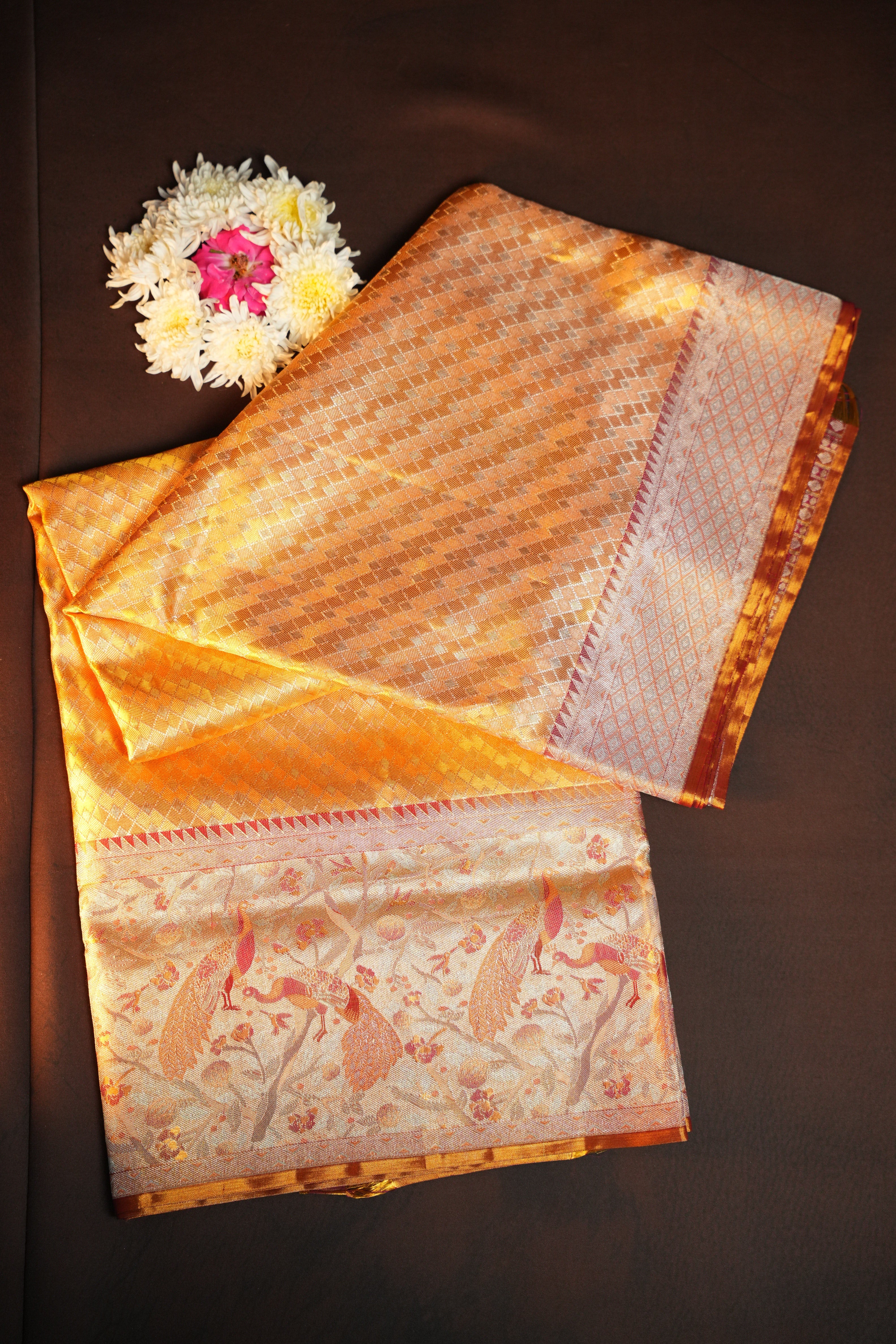 Gold Kanchi Meena Border Saree with Peacock Woven Pallu