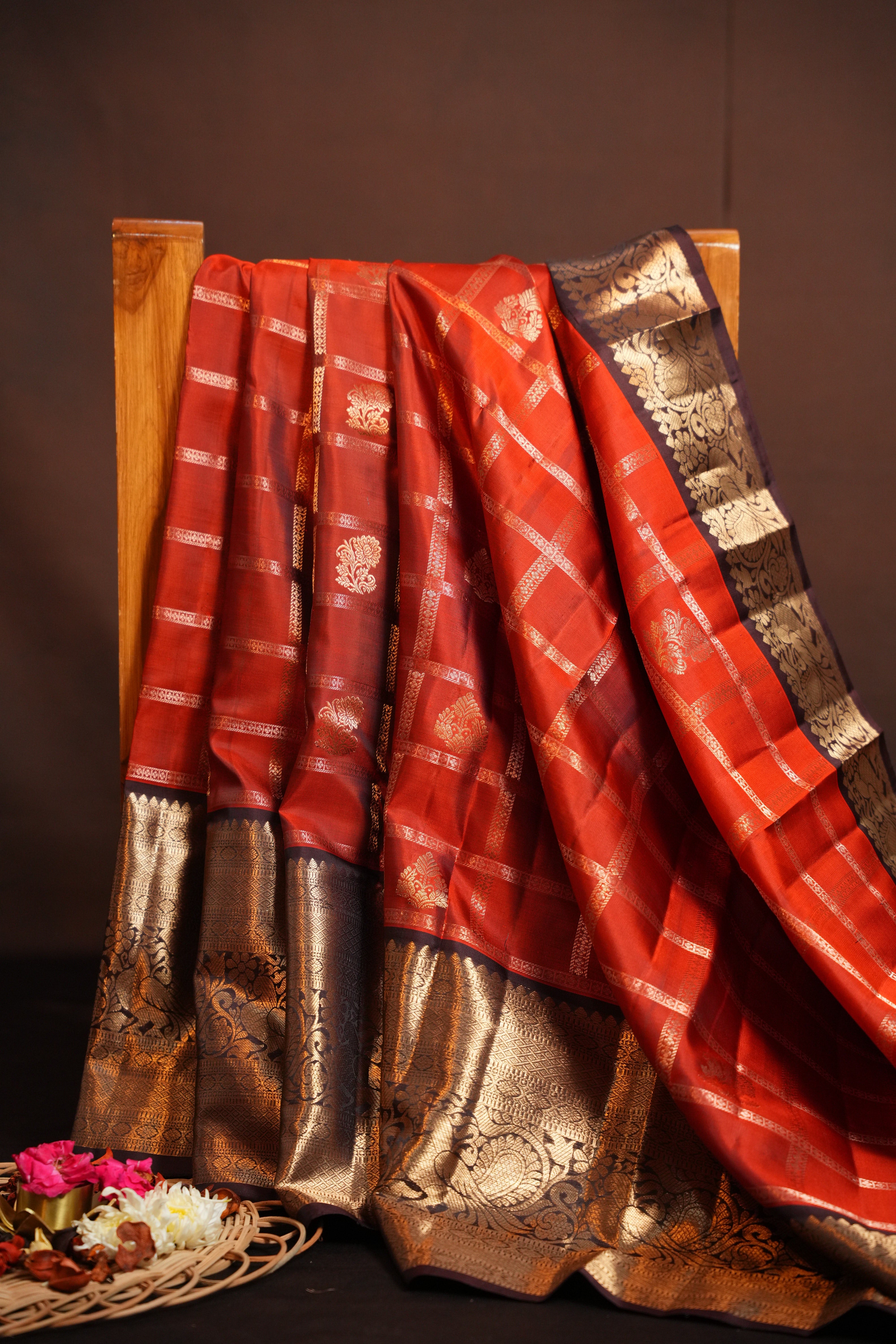 Vintage Kanchi Checks Saree in Rust with Rich Zari Border