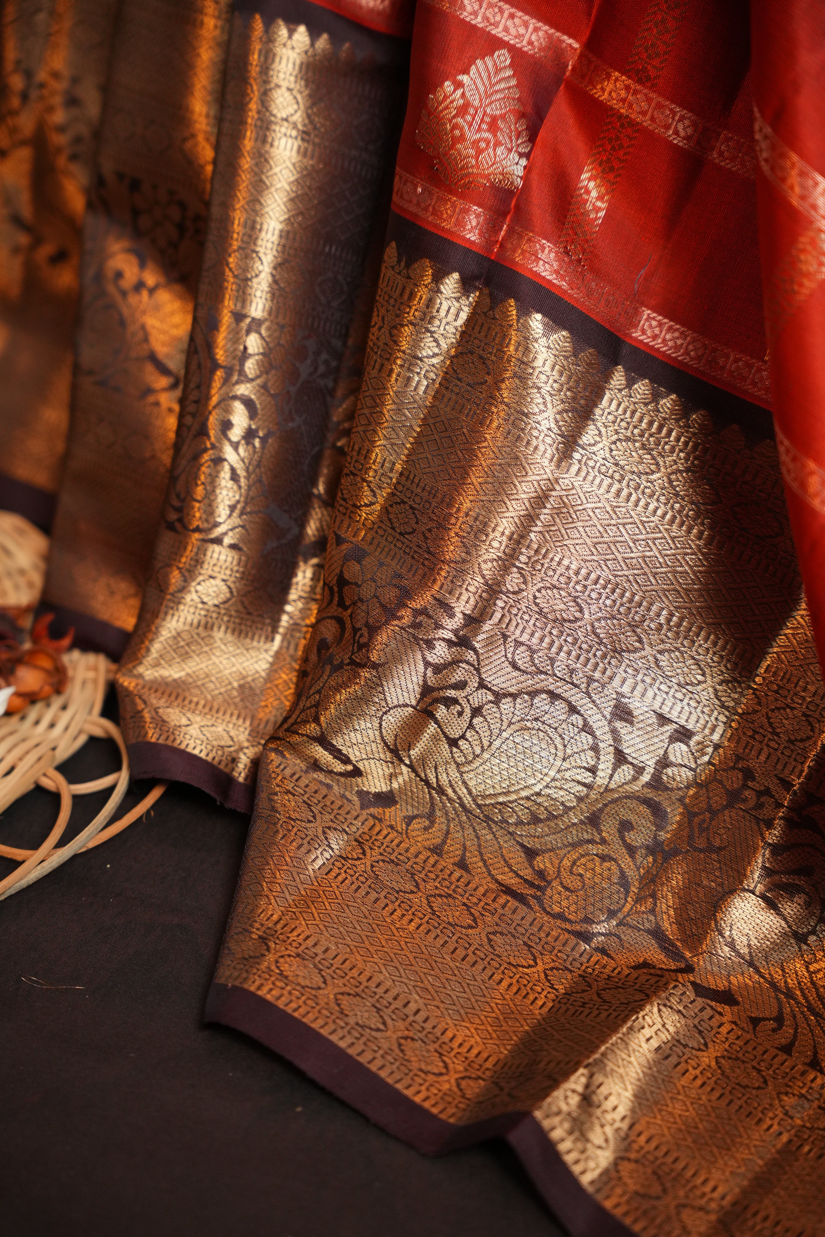 Vintage Kanchi Checks Saree in Rust with Rich Zari Border